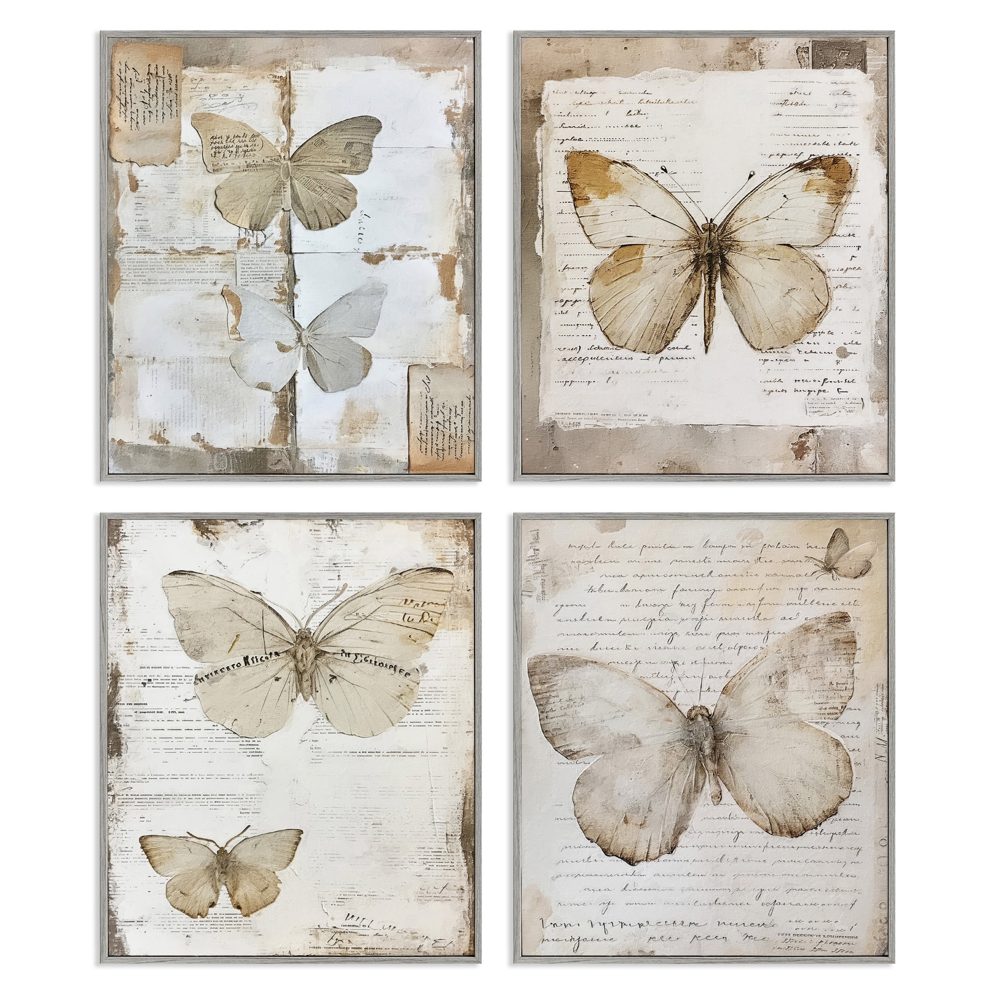 Stupell Industries Neutral Vintage Butterflies Animals Painting Gray Framed Art Print Wall Art, 16 x 20, Set of 4