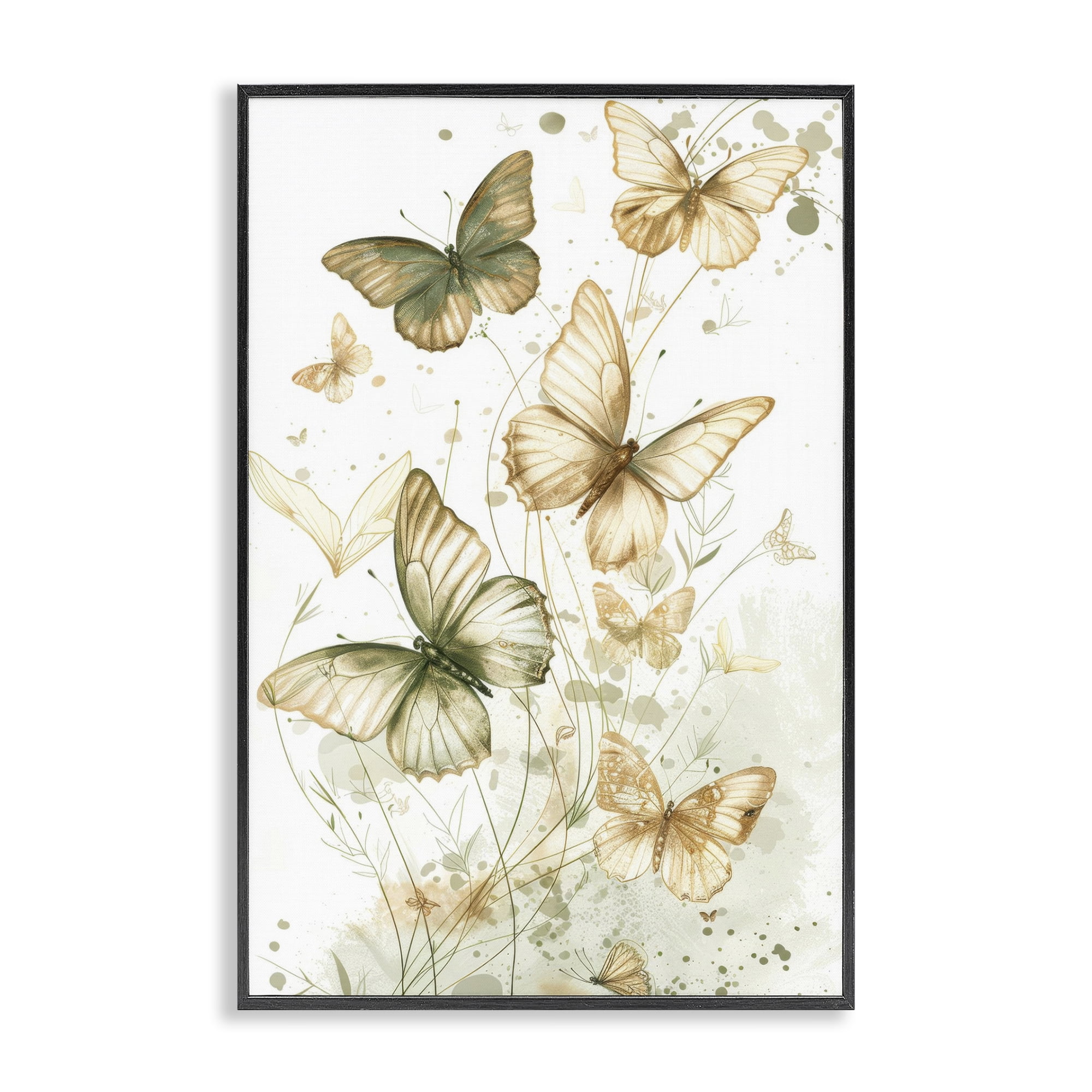 Stupell Industries Neutral Watercolor Butterflies Insects Painting Black Framed Art Print Wall Art, 16 x 24