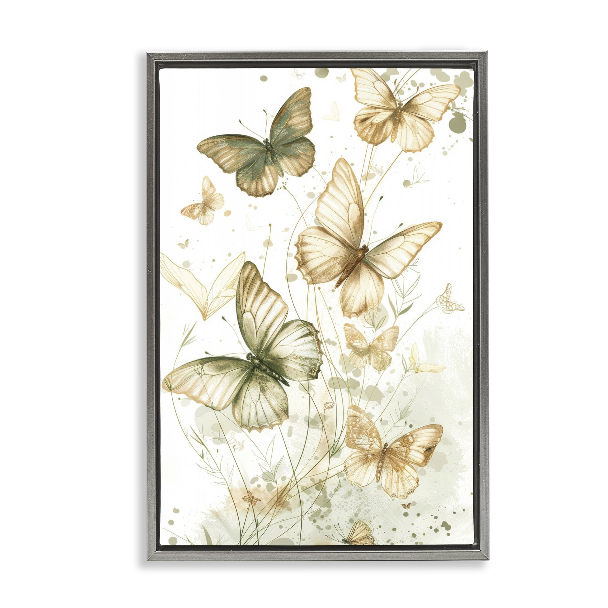 Stupell Industries Neutral Watercolor Butterflies Insects Painting Gray Floater Framed Canvas Art Print Wall Art, 21 x 31