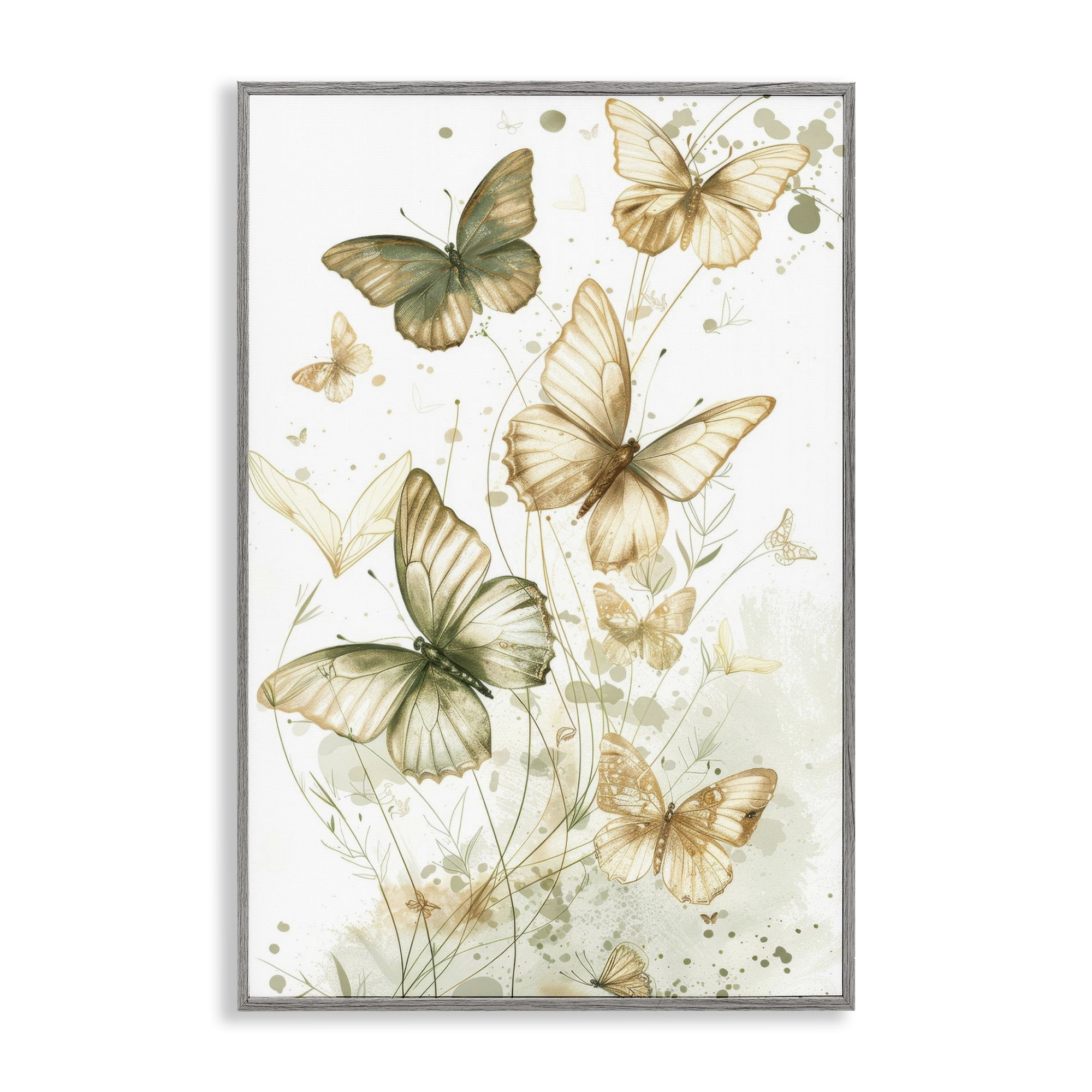 Stupell Industries Neutral Watercolor Butterflies Insects Painting Gray Framed Art Print Wall Art, 12 x 18