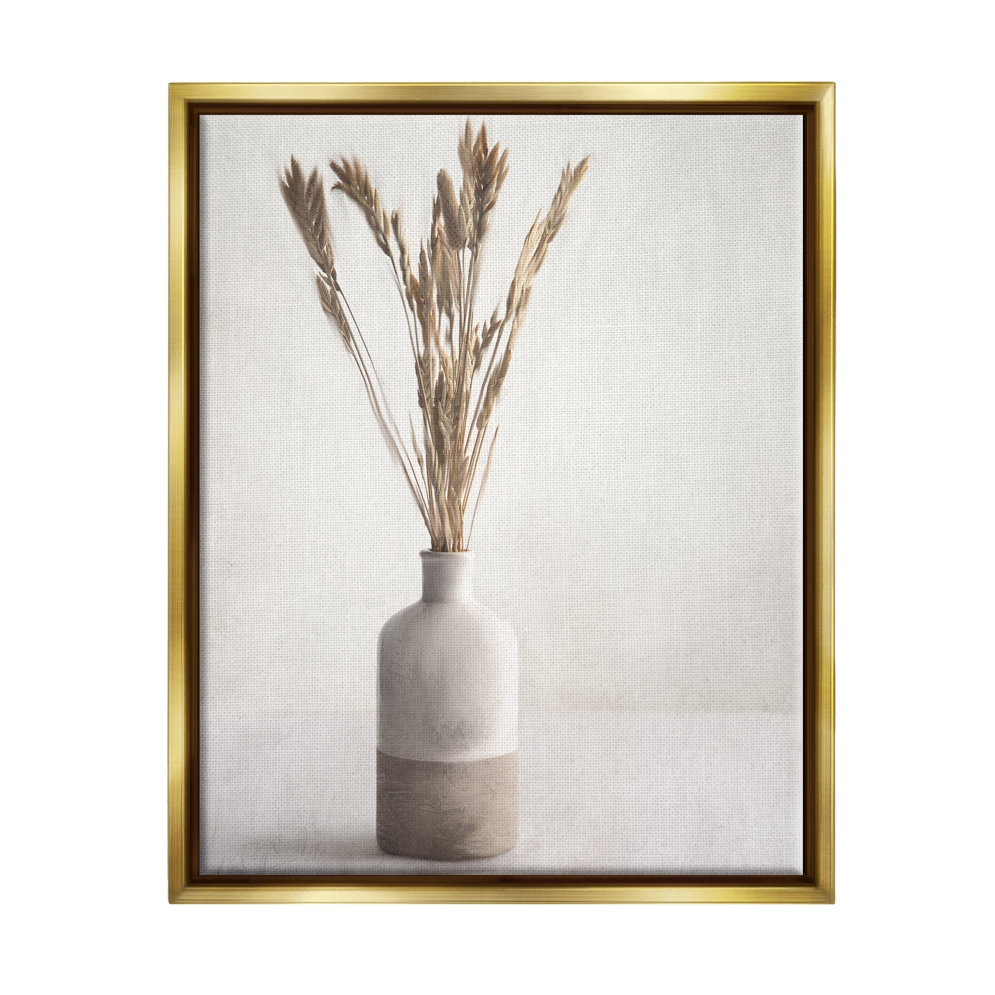 Stupell Industries Neutral Wheat Sprigs Botanical & Floral Painting Gold Floater Framed Canvas Art Print Wall Art, 17 x 21