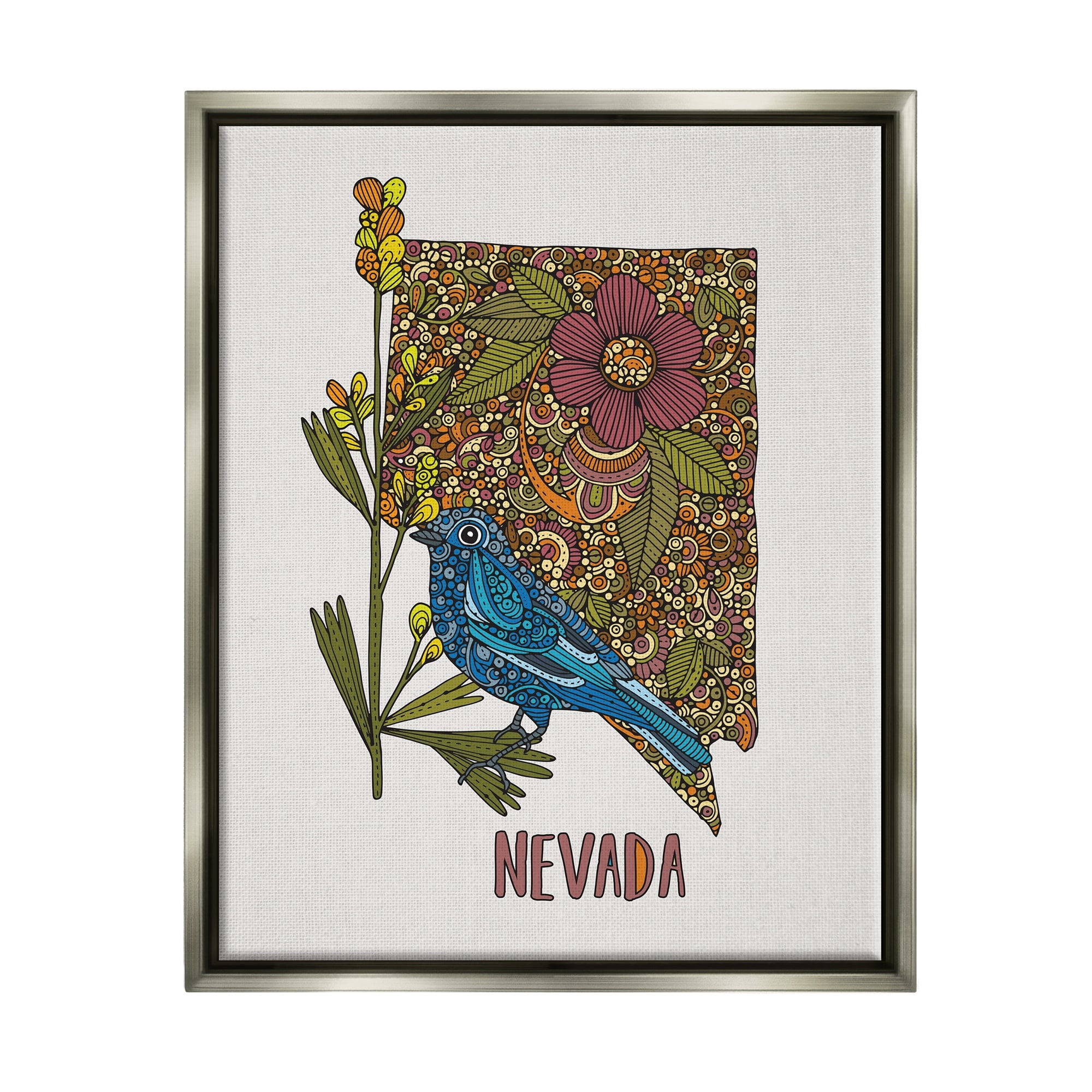 Stupell Industries Nevada Bluebird State Flower Intricate Botanical Pattern Graphic Art Luster Gray Floating Framed Canvas Print Wall Art, Design by Valentina Harper