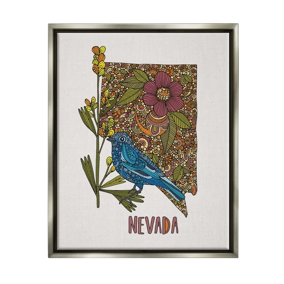 Stupell Industries Nevada Bluebird State Flower Intricate Botanical Pattern Graphic Art Luster Gray Floating Framed Canvas Print Wall Art, Design by Valentina Harper