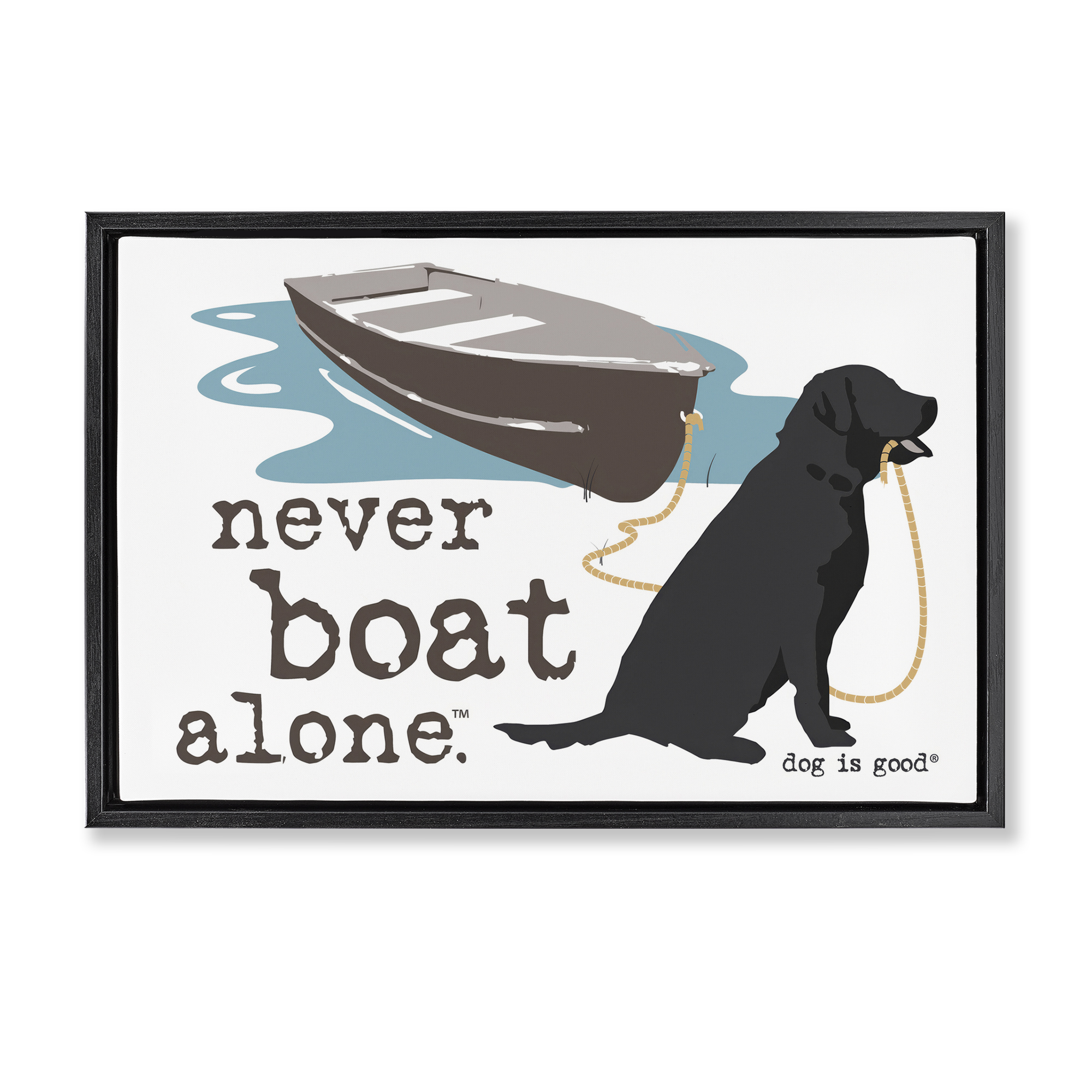 Stupell Industries Never Boat Alone Dog Animals Painting Black Floater Framed Canvas Art Print Wall Art, 25 x 17