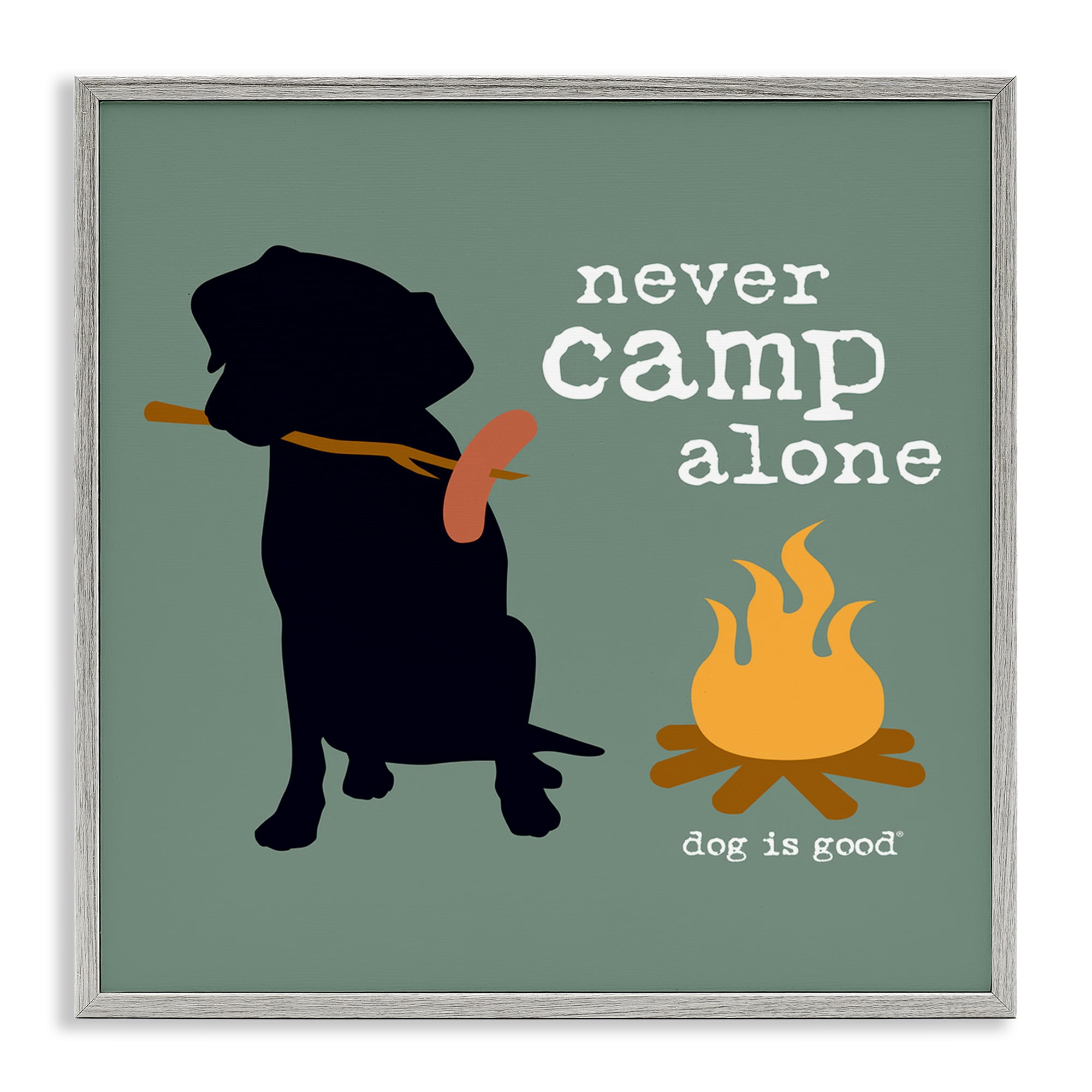Stupell Industries Never Camp Alone Dog Animals Painting Gray Framed Art Print Wall Art, 17 x 17