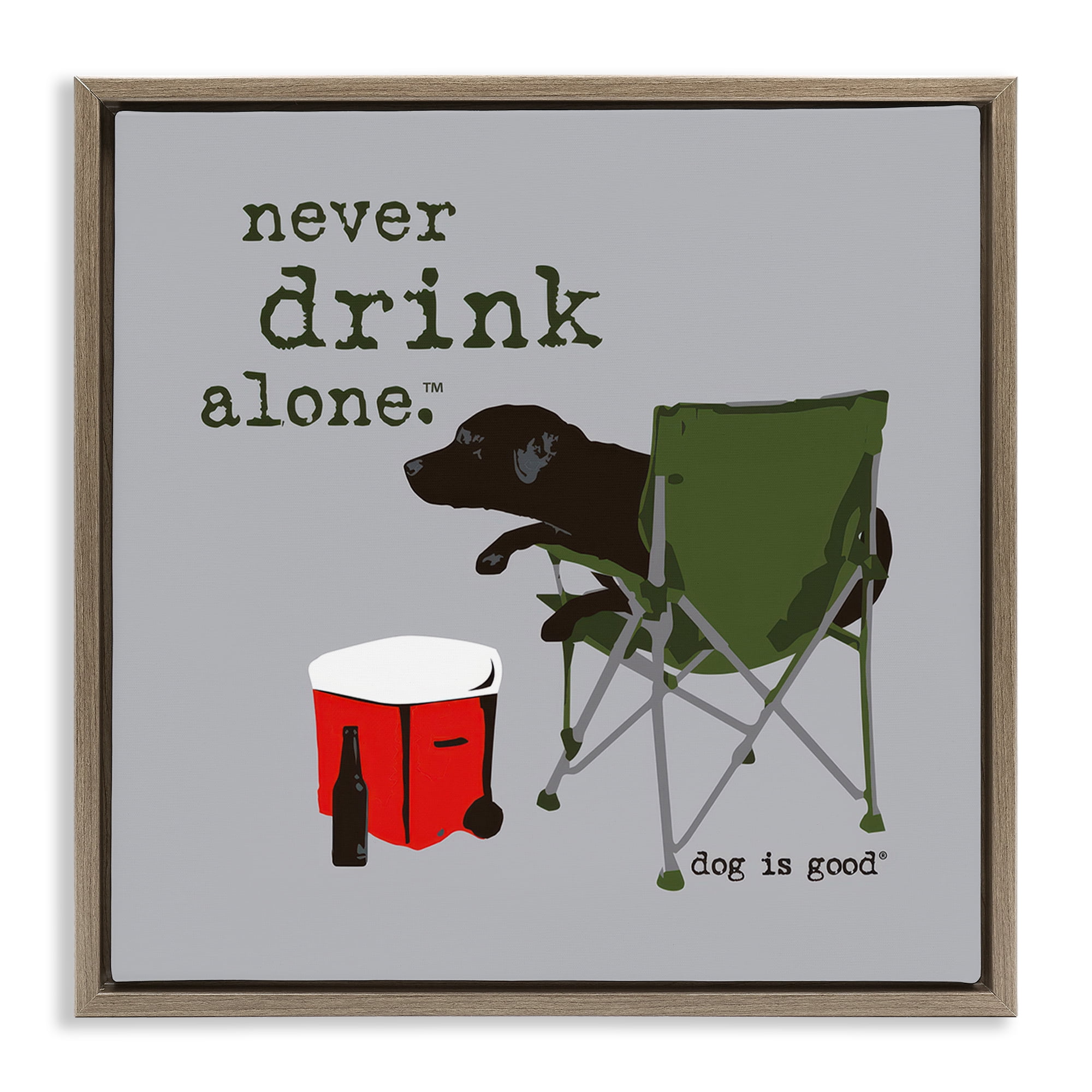 Stupell Industries Never Drink Alone Dog Animals Painting Brown Floater Framed Canvas Art Print Wall Art, 25 x 25