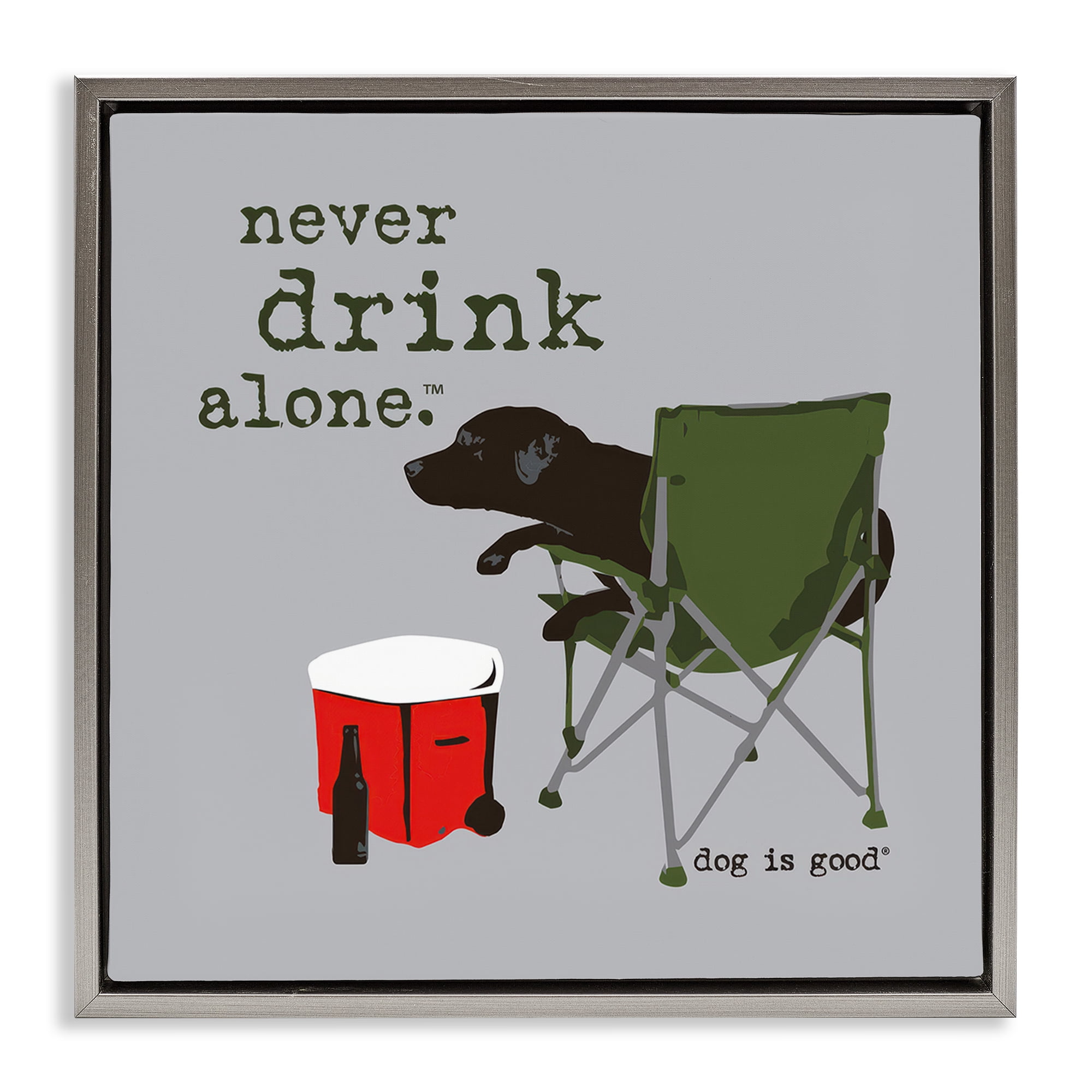 Stupell Industries Never Drink Alone Dog Animals Painting Gray Floater Framed Canvas Art Print Wall Art, 18 x 18