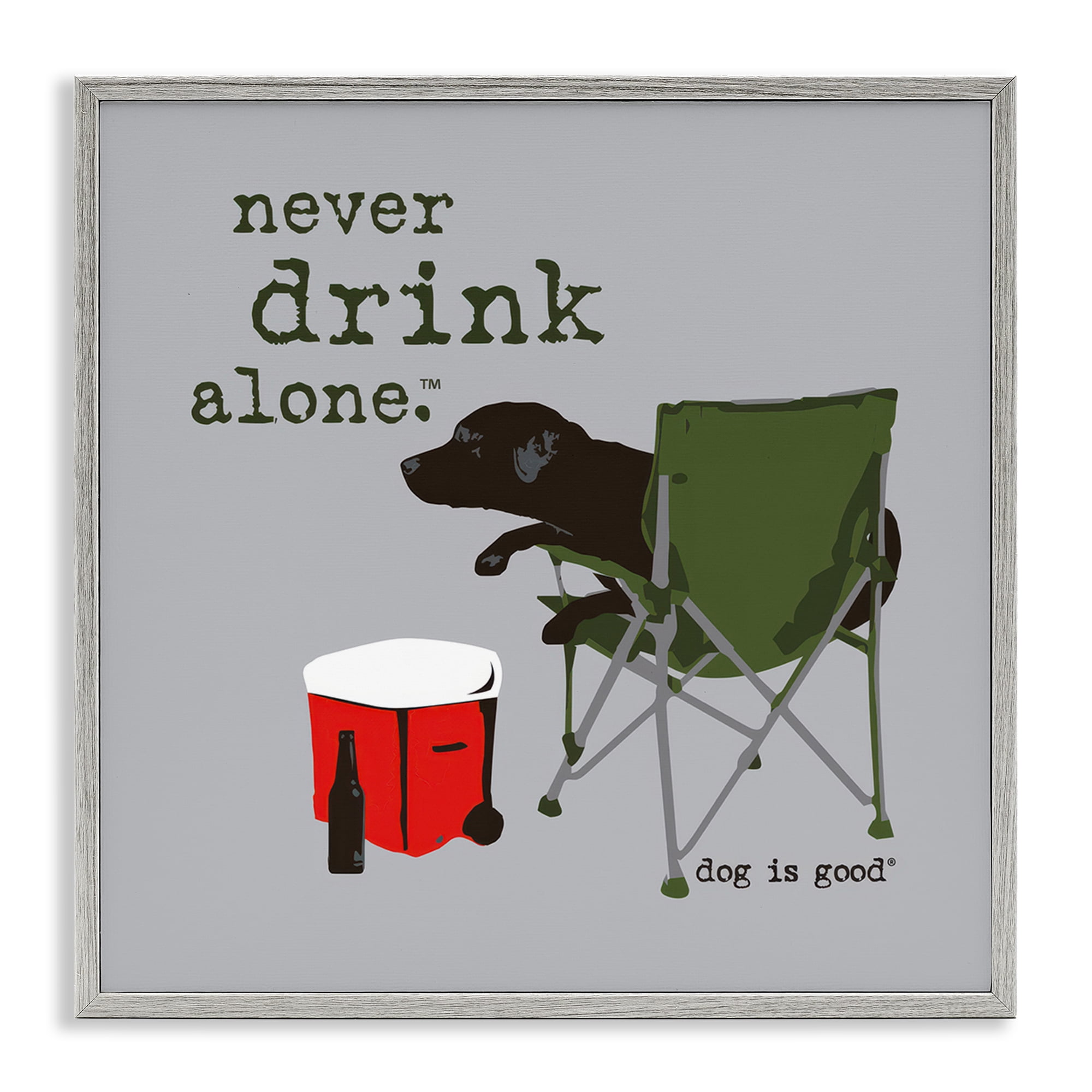 Stupell Industries Never Drink Alone Dog Animals Painting Gray Framed Art Print Wall Art, 24 x 24
