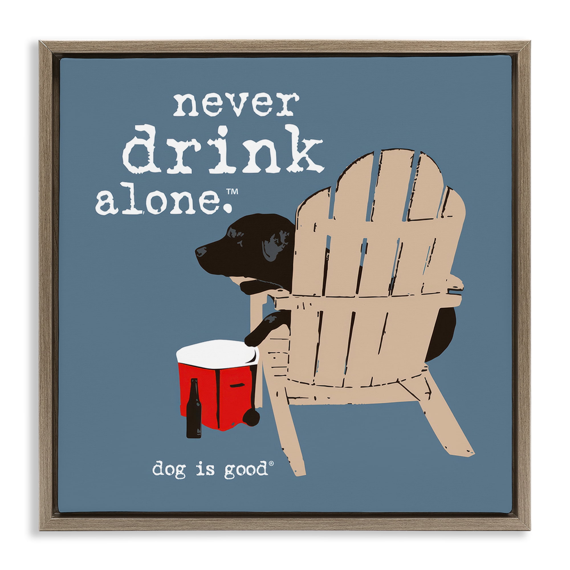 Stupell Industries Never Drink Alone Phrase Animals Painting Brown Floater Framed Canvas Art Print Wall Art, 25 x 25