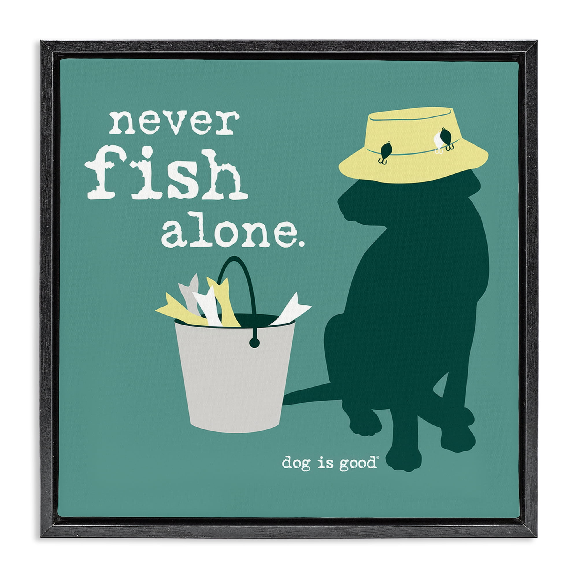 Stupell Industries Never Fish Alone Dog Animals Painting Black Floater Framed Canvas Art Print Wall Art, 18 x 18