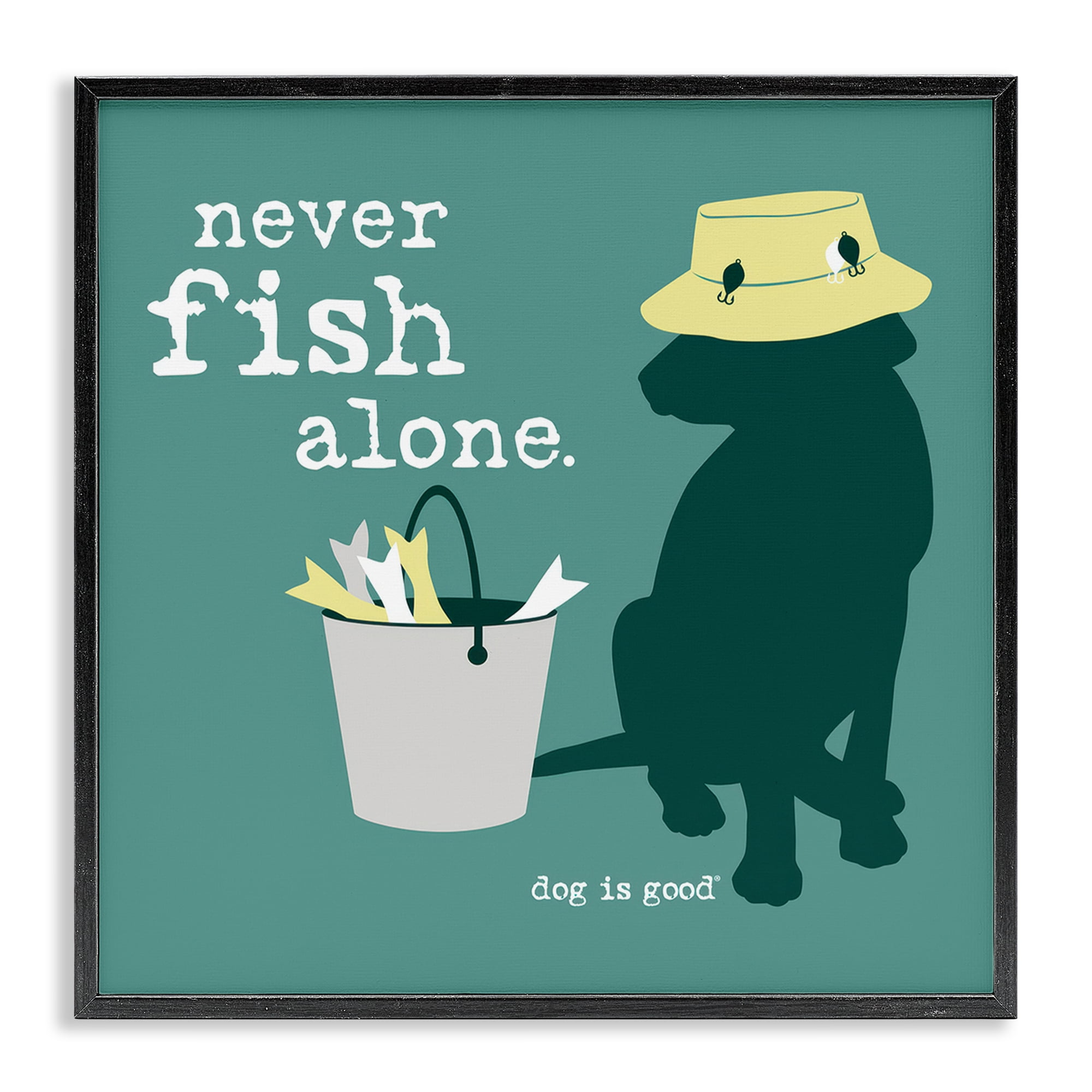 Stupell Industries Never Fish Alone Dog Animals Painting Black Framed Art Print Wall Art, 17 x 17