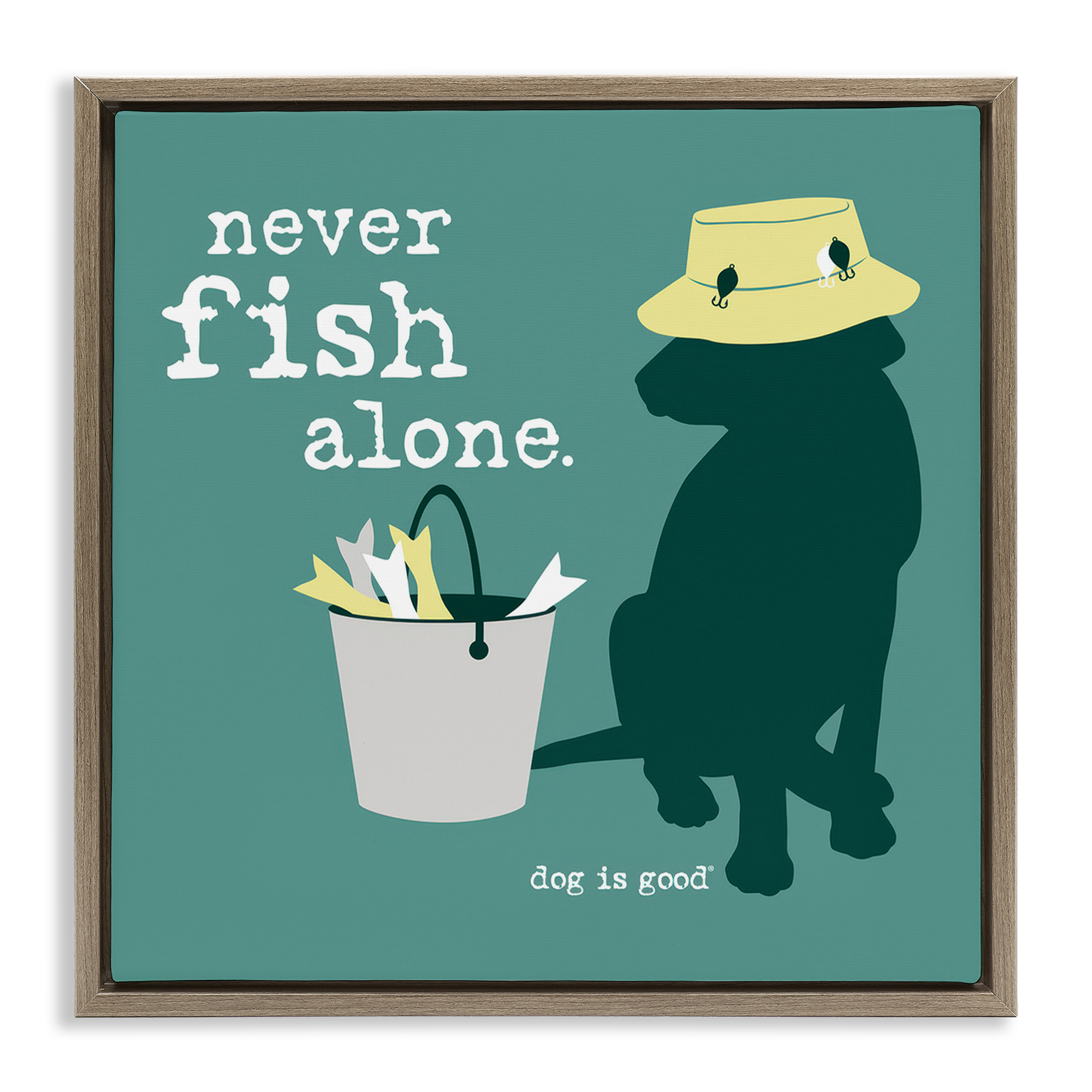 Stupell Industries Never Fish Alone Dog Animals Painting Brown Floater Framed Canvas Art Print Wall Art, 18 x 18