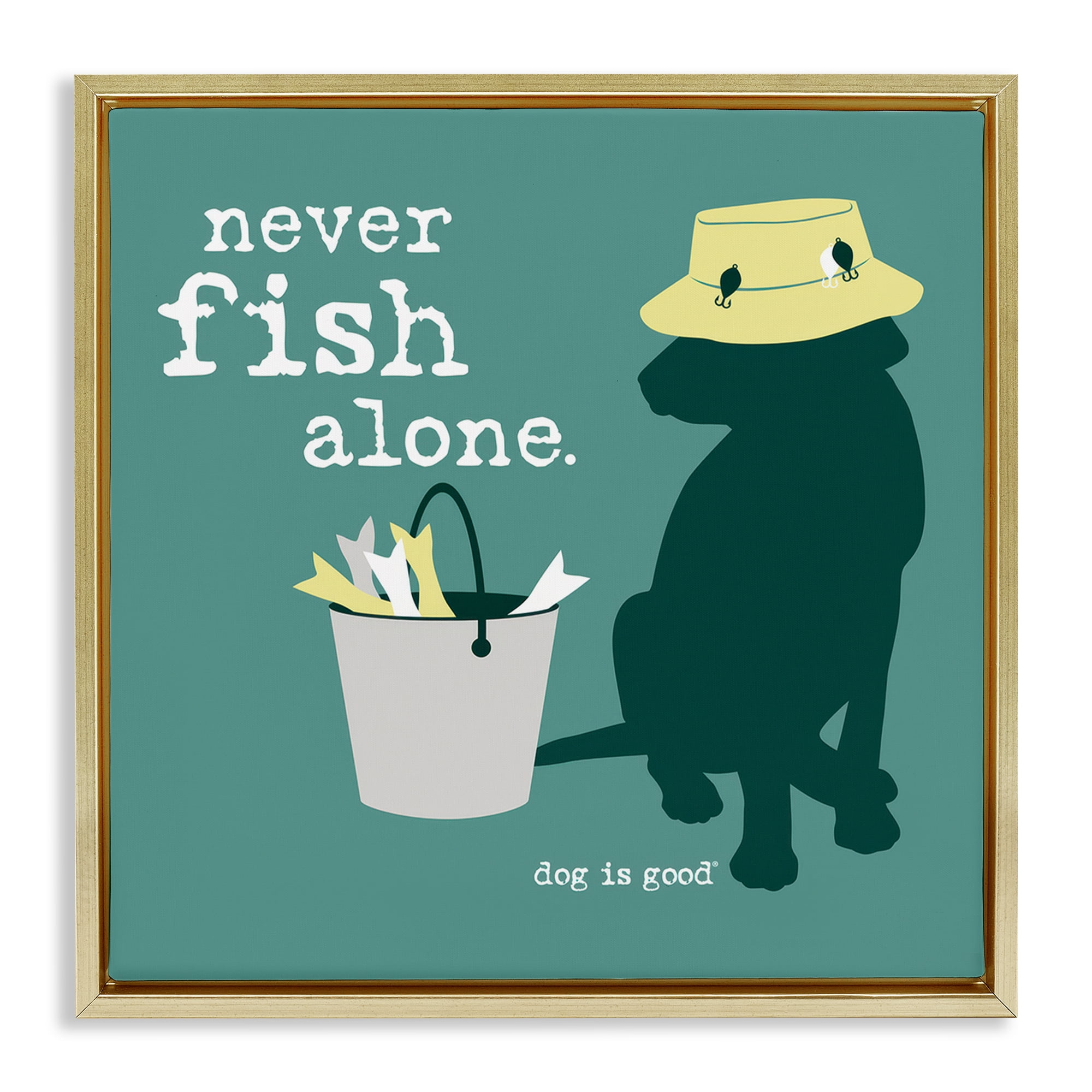 Stupell Industries Never Fish Alone Dog Animals Painting Gold Floater Framed Canvas Art Print Wall Art, 25 x 25