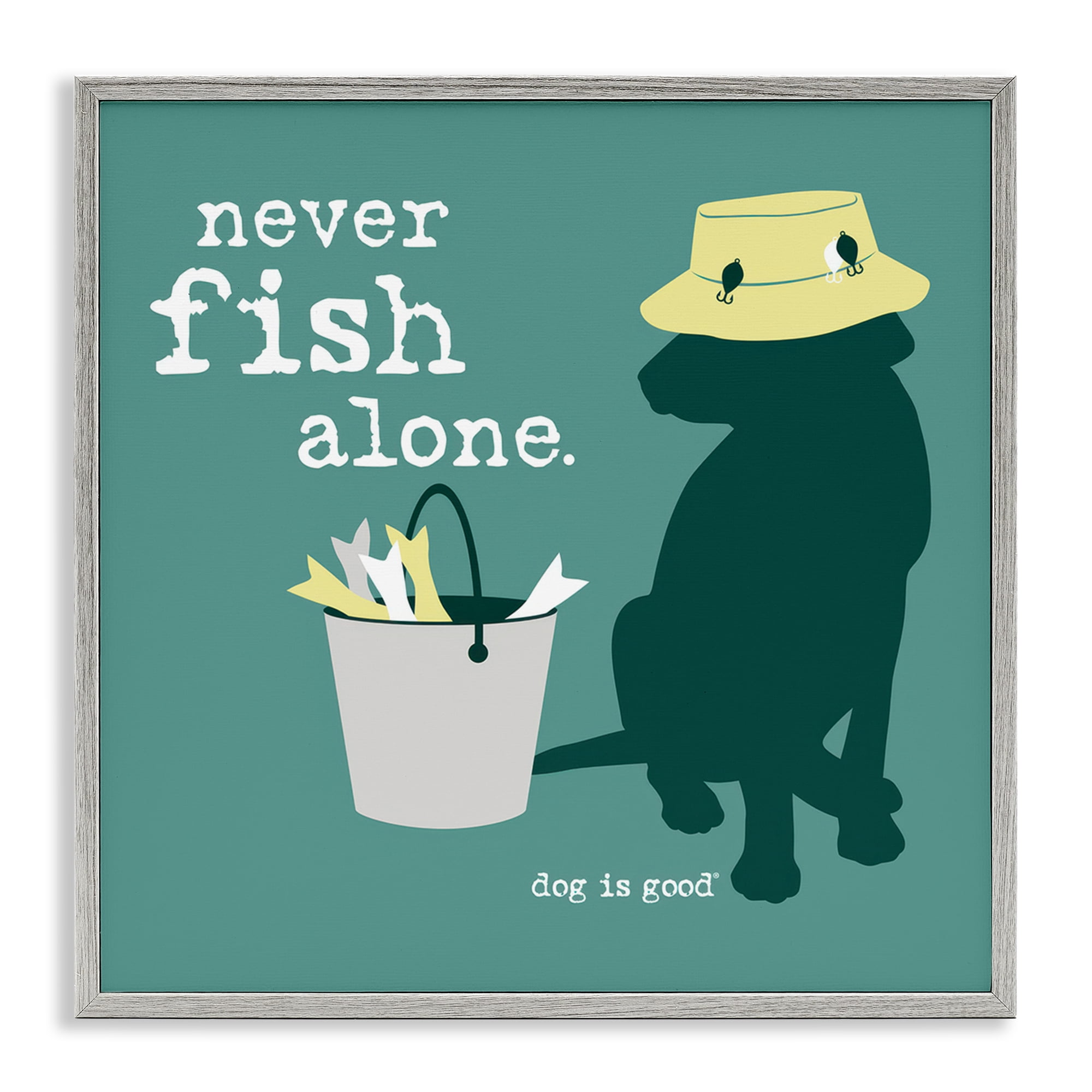 Stupell Industries Never Fish Alone Dog Animals Painting Gray Framed Art Print Wall Art, 12 x 12