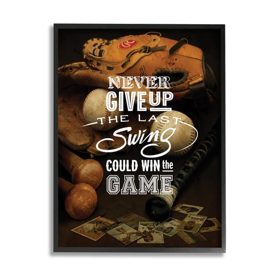 Stupell Industries Never Give Up Phrase Baseball Cards Glove Bat , 11 x 14, Designed by Art Licensing Studio