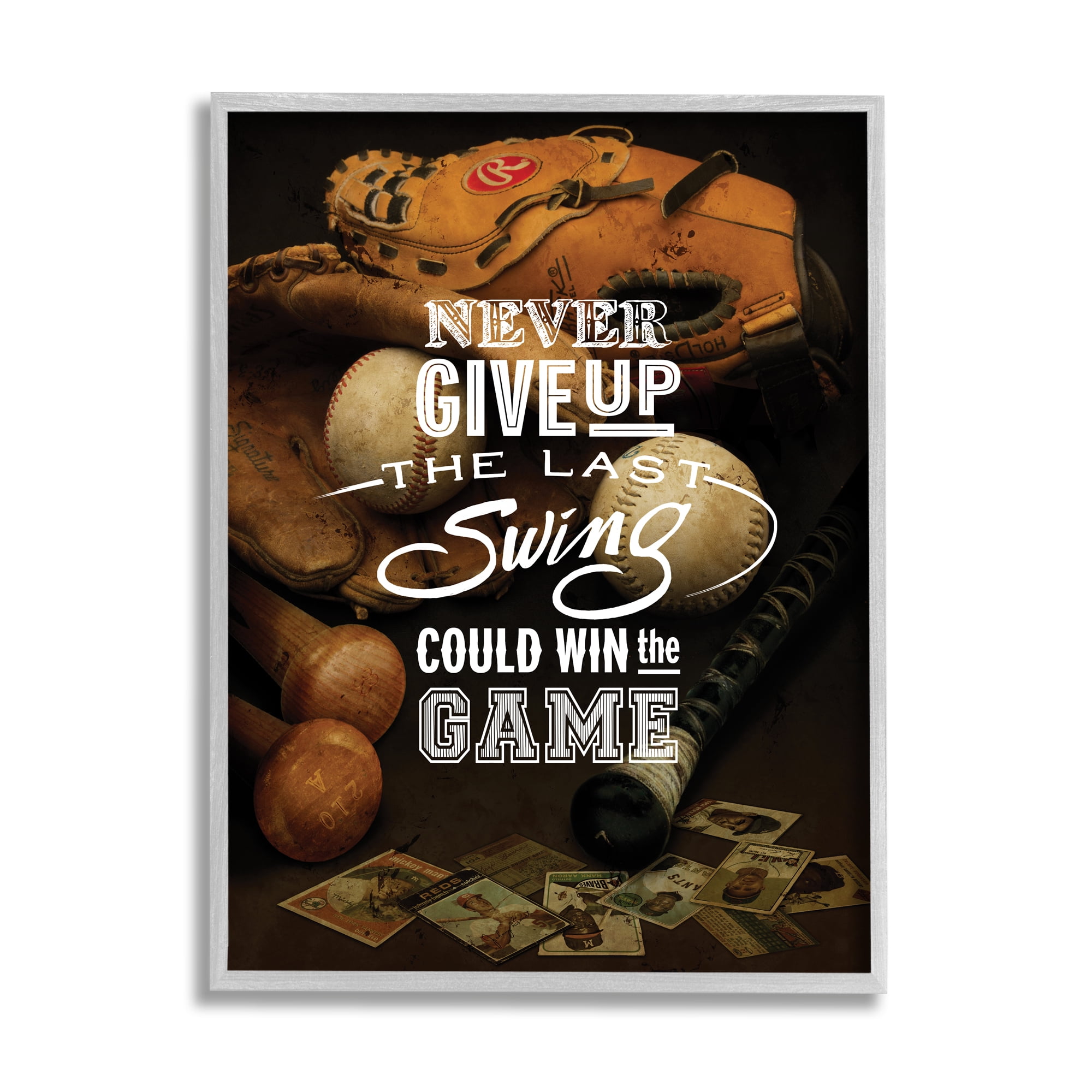 Stupell Industries Never Give Up Phrase Baseball Cards Glove Bat , 11 x 14, Designed by Art Licensing Studio