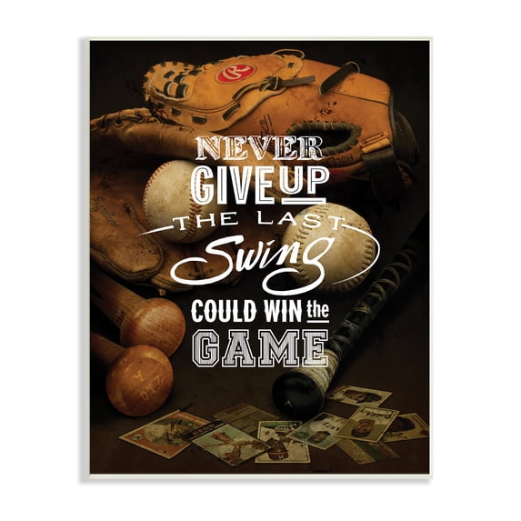 Stupell Industries Never Give Up Phrase Baseball Cards Glove Bat , 13 x 19, Designed by Art Licensing Studio