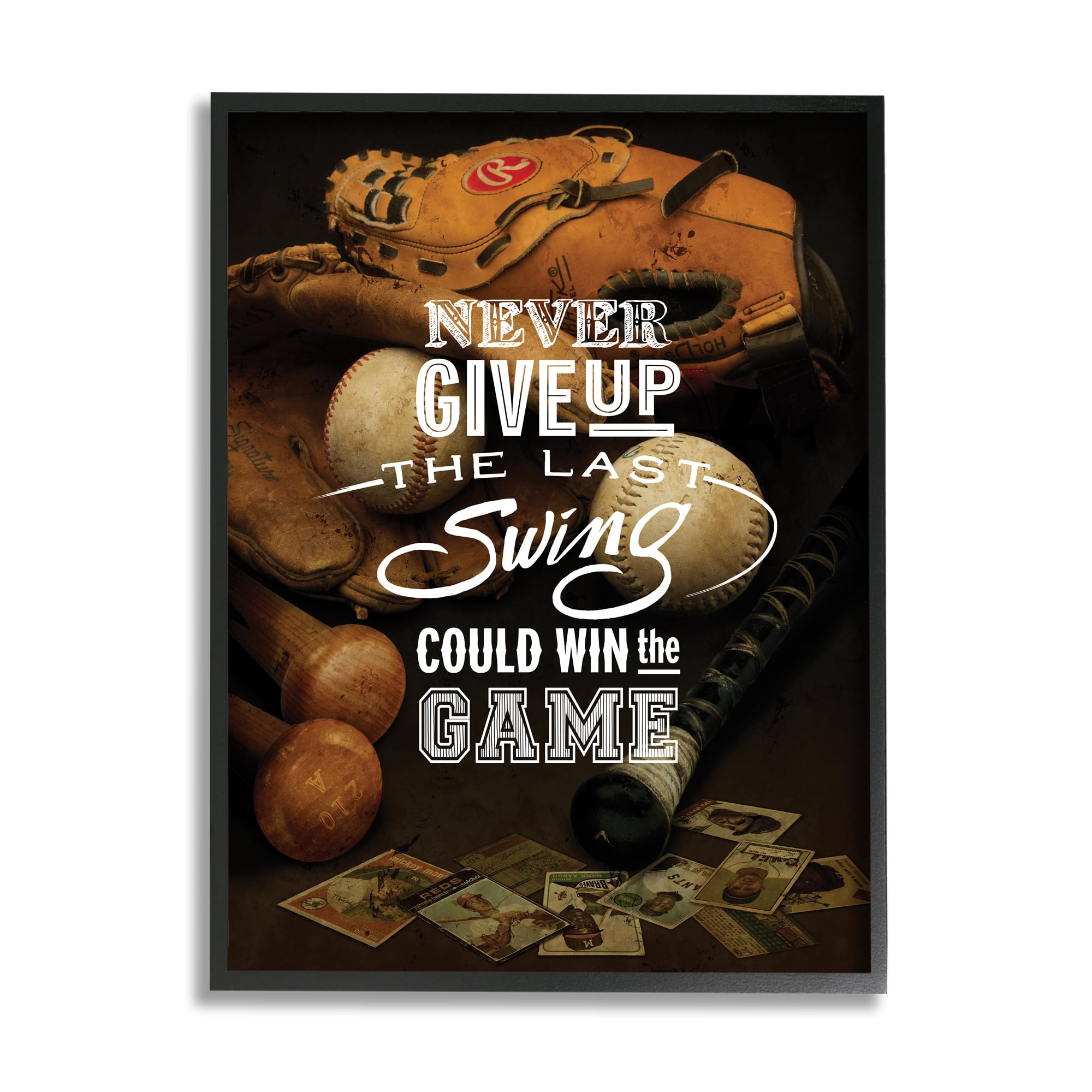 Stupell Industries Never Give Up Phrase Baseball Cards Glove Bat , 16 x 20, Designed by Art Licensing Studio
