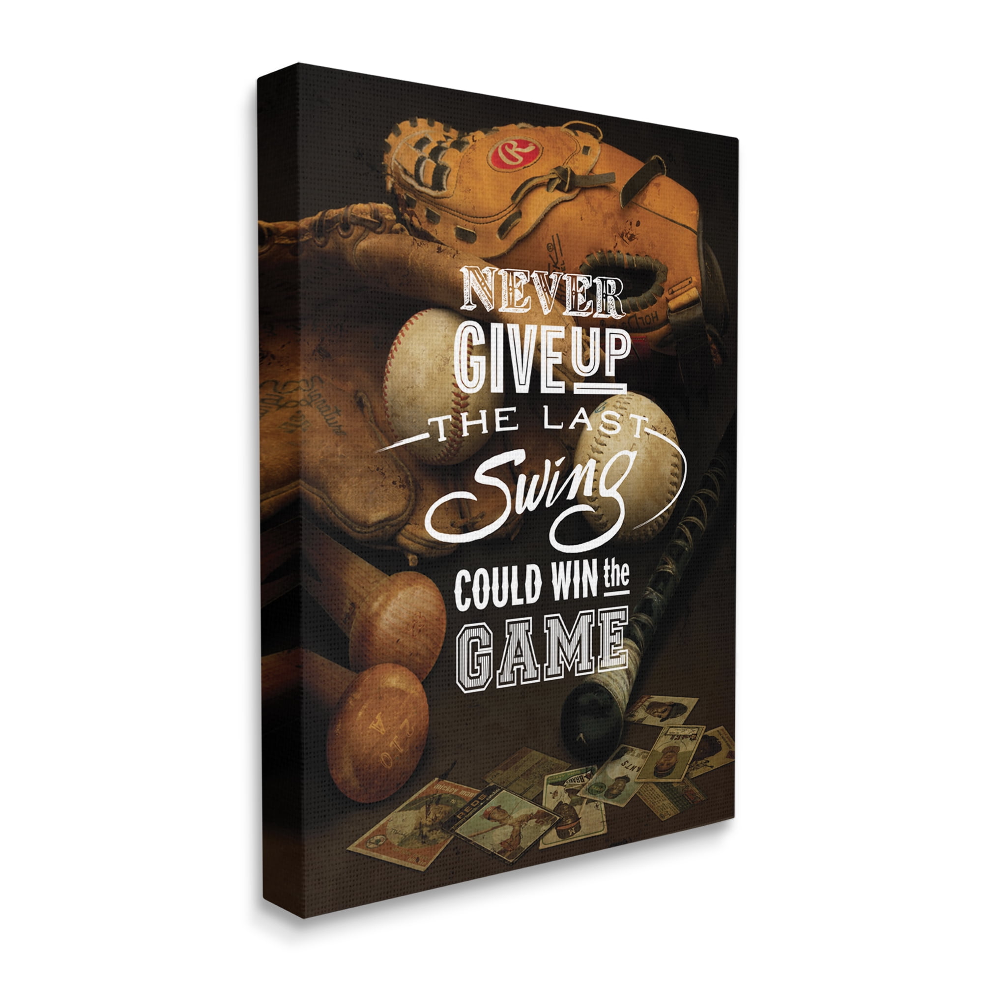 Stupell Industries Never Give Up Phrase Baseball Cards Glove Bat , 30 x 40, Designed by Art Licensing Studio