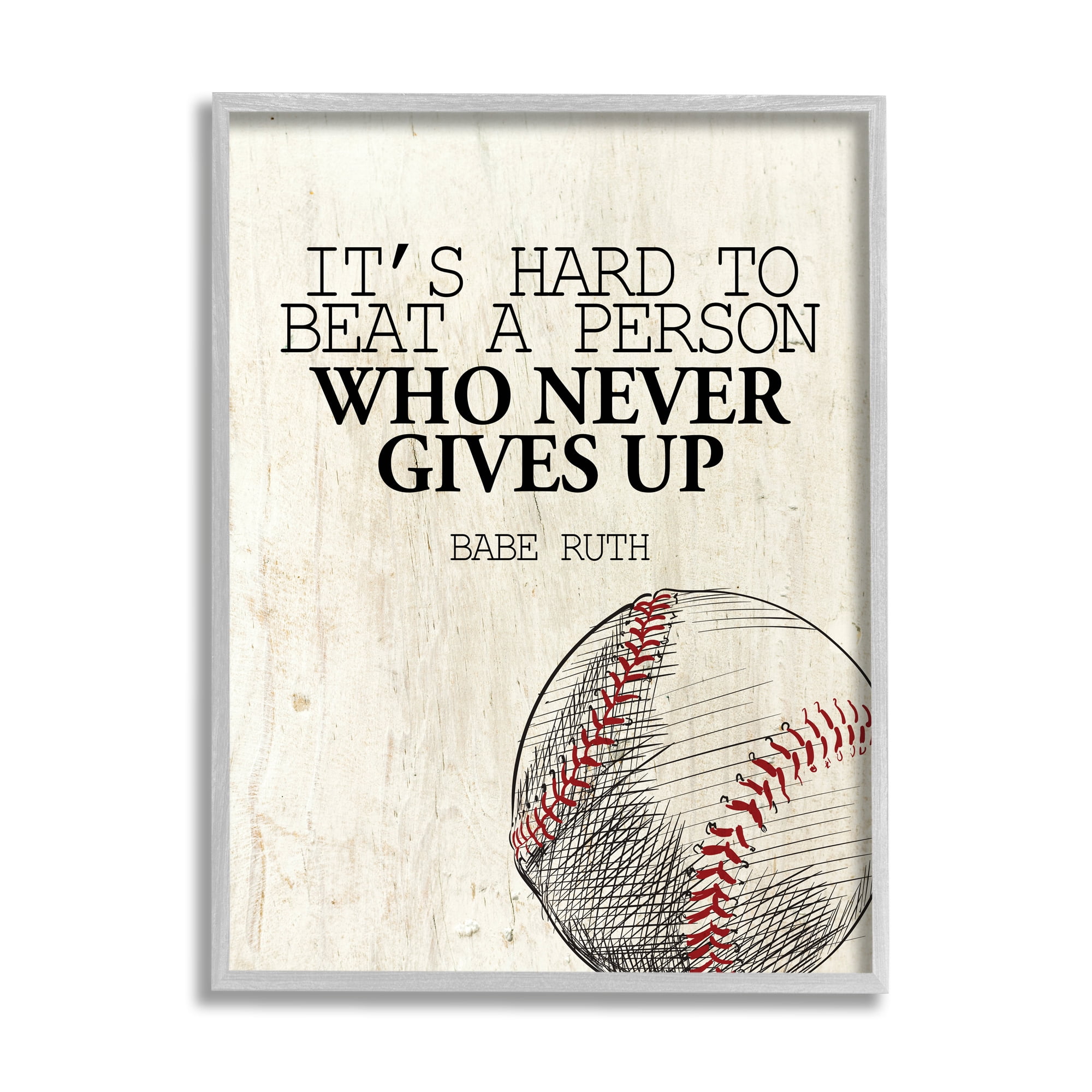 Stupell Industries Never Gives Up Phrase Vintage American Baseball Sports Painting Gray Framed Art Print Wall Art, 11 x 14