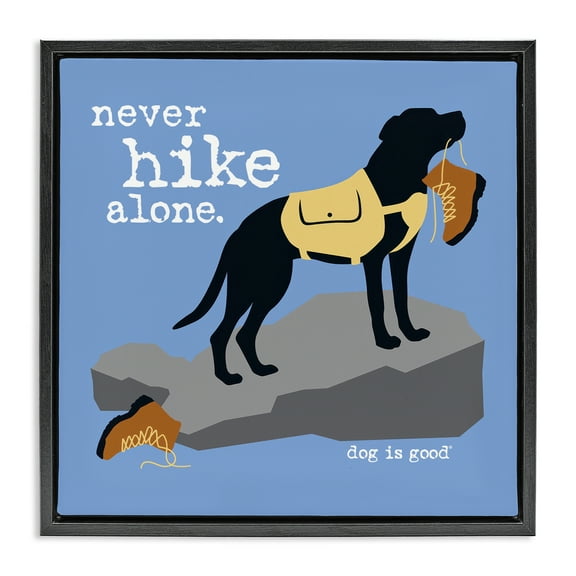 Stupell Industries Never Hike Alone Dog Animals Painting Black Floater Framed Canvas Art Print Wall Art, 18 x 18