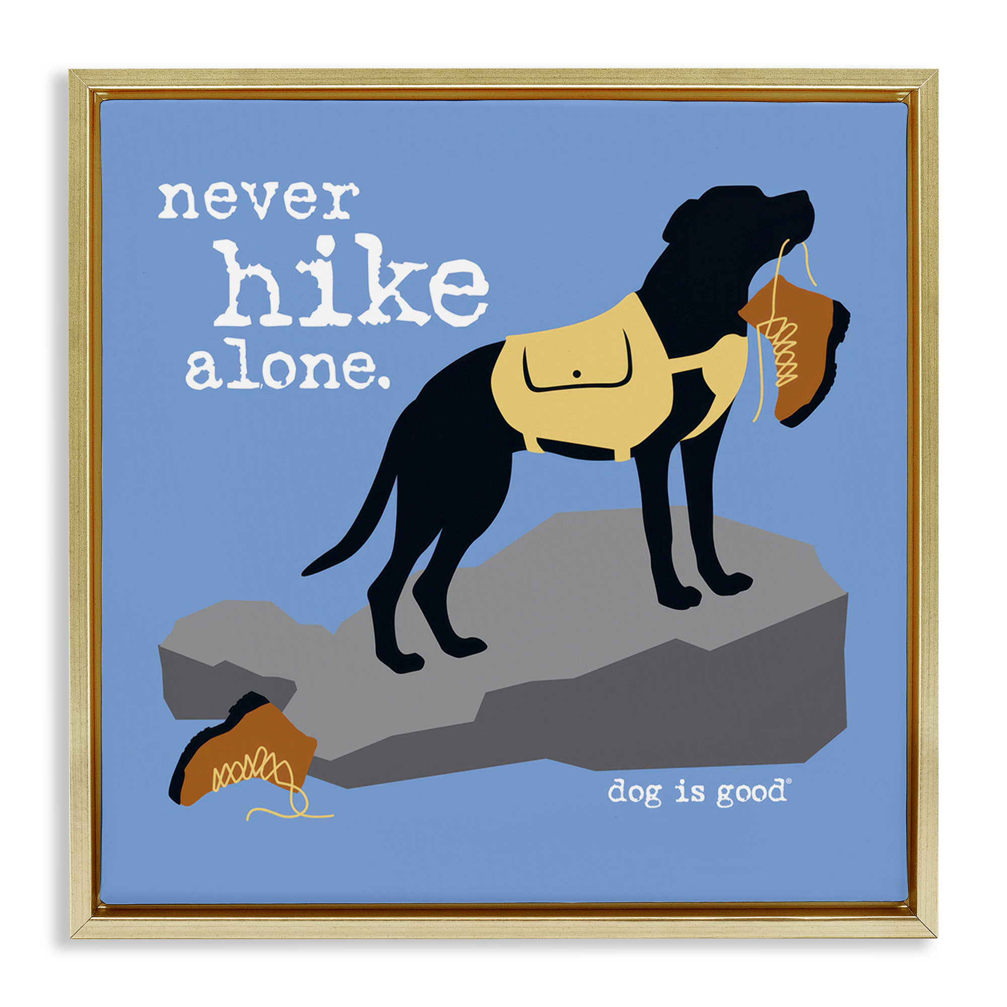 Stupell Industries Never Hike Alone Dog Animals Painting Gold Floater Framed Canvas Art Print Wall Art, 18 x 18