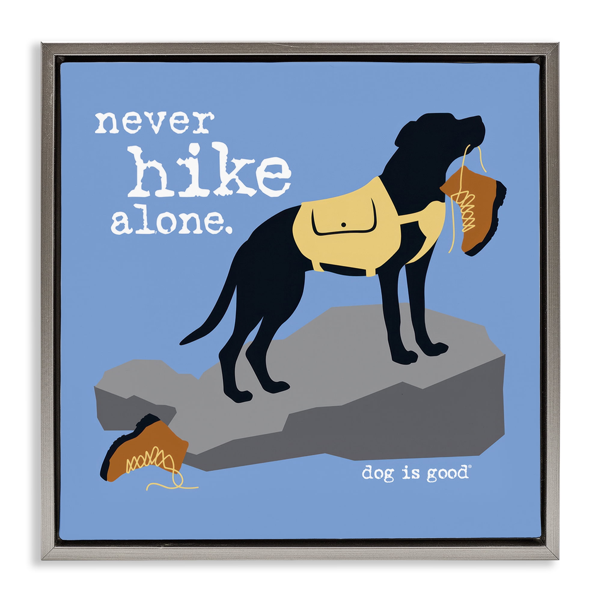 Stupell Industries Never Hike Alone Dog Animals Painting Gray Floater Framed Canvas Art Print Wall Art, 18 x 18