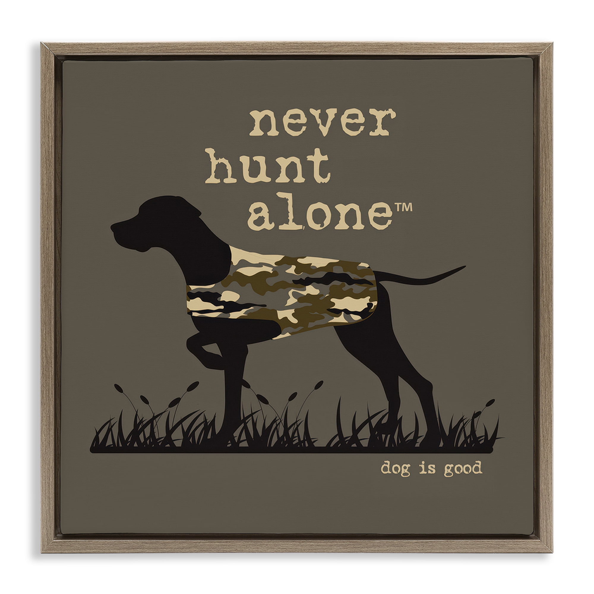 Stupell Industries Never Hunt Alone Dog Animals Painting Brown Floater Framed Canvas Art Print Wall Art, 18 x 18