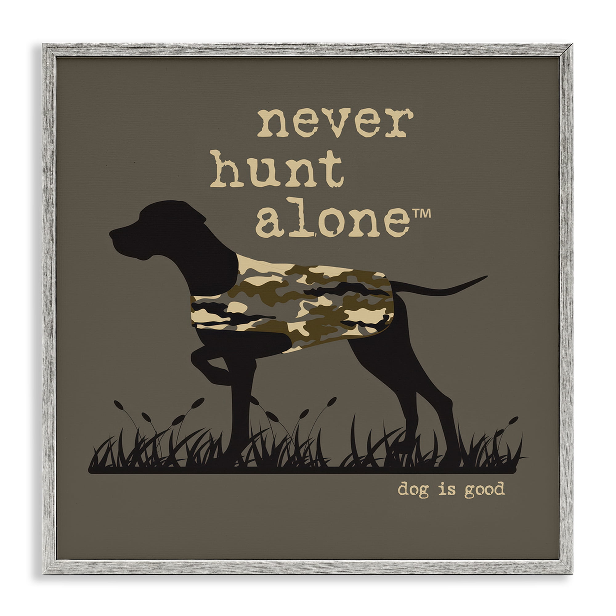 Stupell Industries Never Hunt Alone Dog Animals Painting Gray Framed Art Print Wall Art, 24 x 24