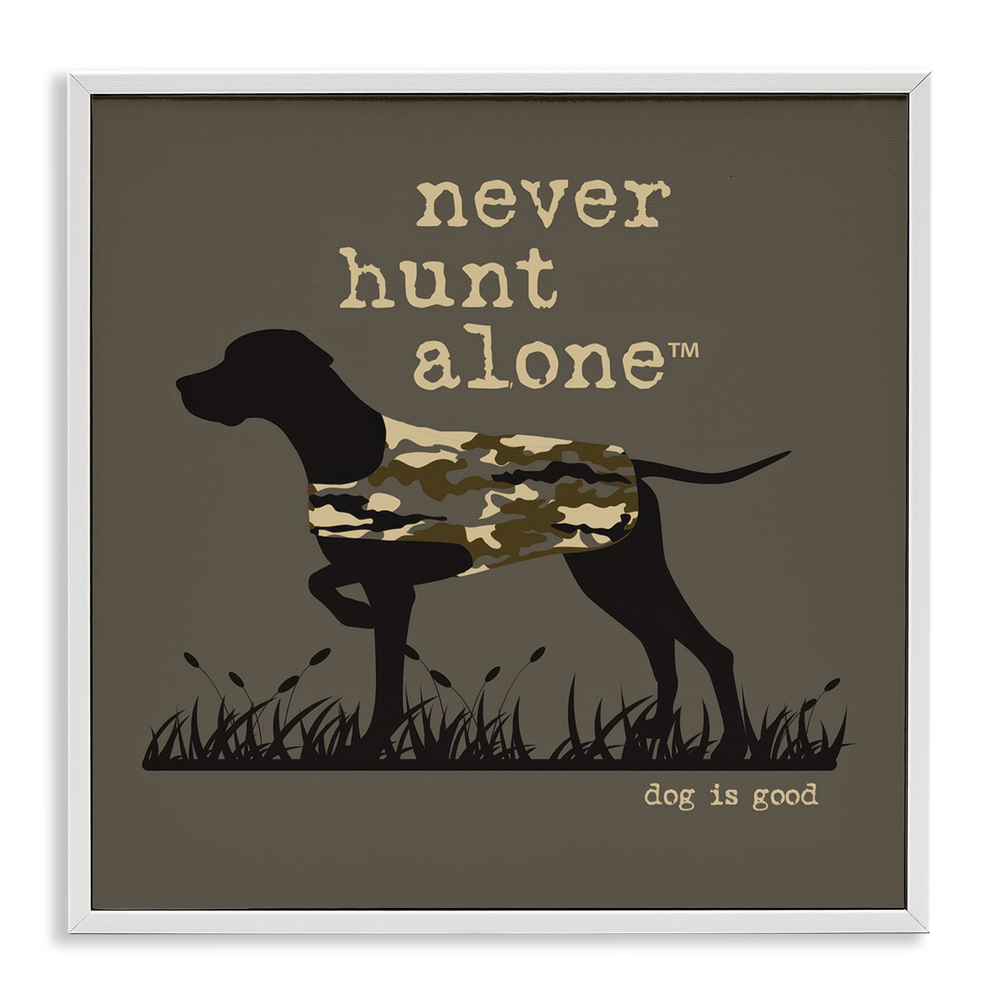Stupell Industries Never Hunt Alone Dog Animals Painting White Framed Art Print Wall Art, 12 x 12