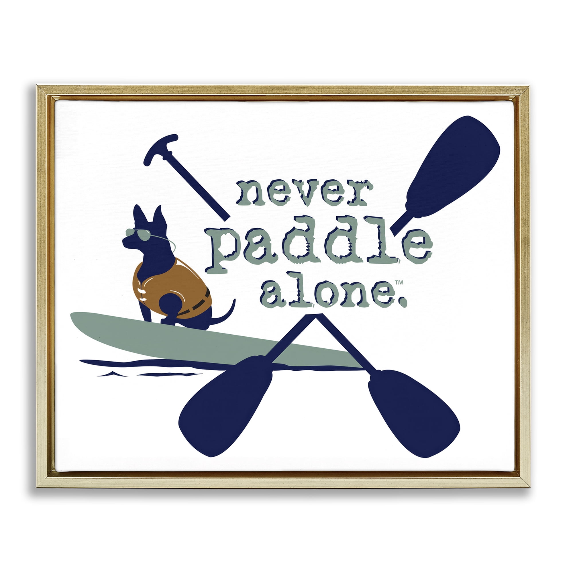 Stupell Industries Never Paddle Alone with Dog Animals Painting Gold Floater Framed Canvas Art Print Wall Art, 21 x 17