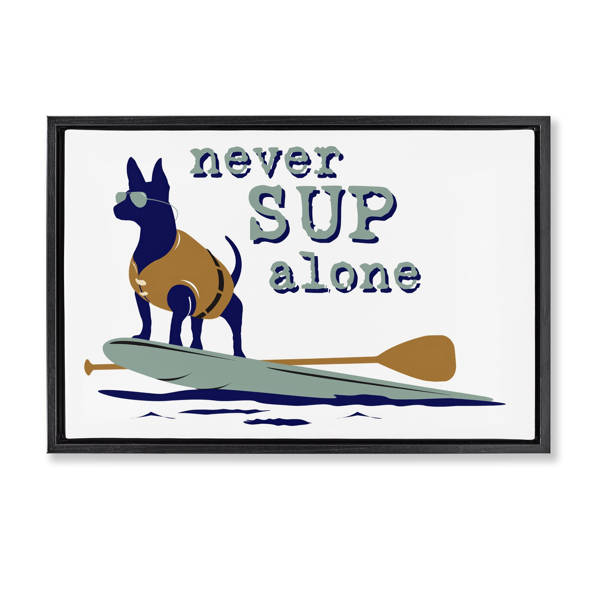 Stupell Industries Never Paddleboard Alone Dog Animals Painting Black Floater Framed Canvas Art Print Wall Art, 31 x 21