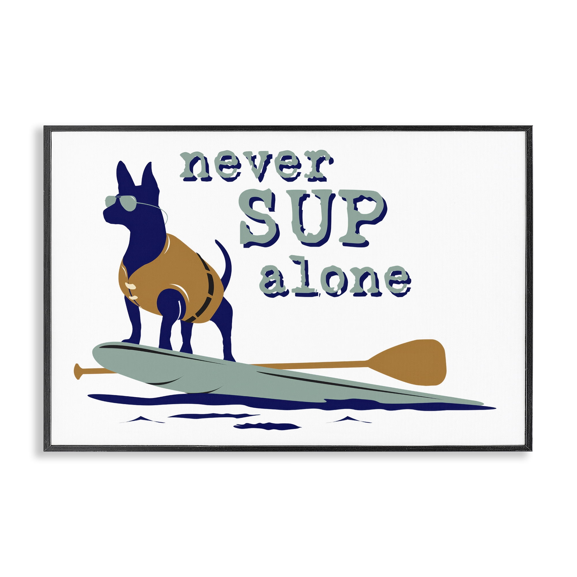 Stupell Industries Never Paddleboard Alone Dog Animals Painting Black Framed Art Print Wall Art, 24 x 16