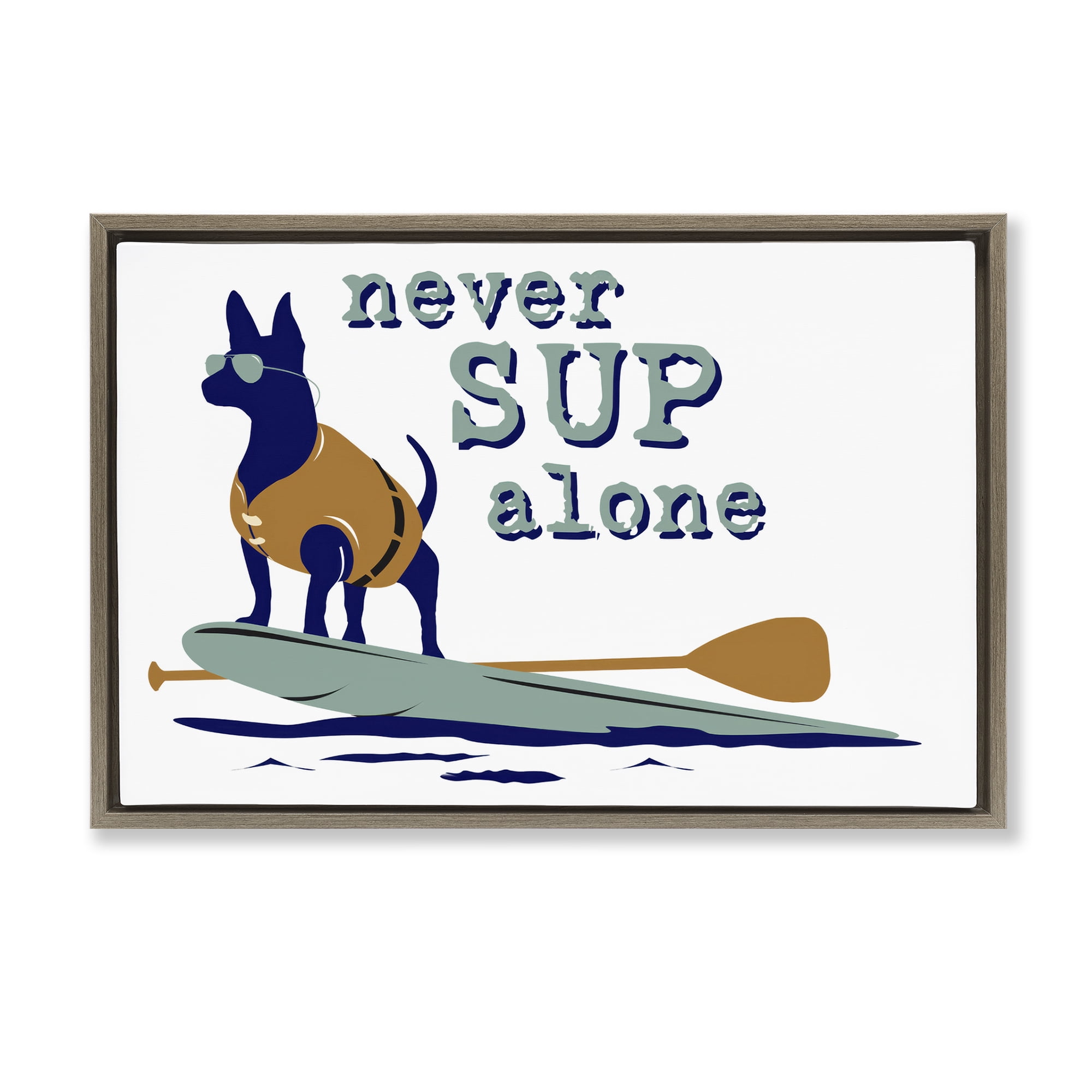 Stupell Industries Never Paddleboard Alone Dog Animals Painting Brown Floater Framed Canvas Art Print Wall Art, 31 x 21