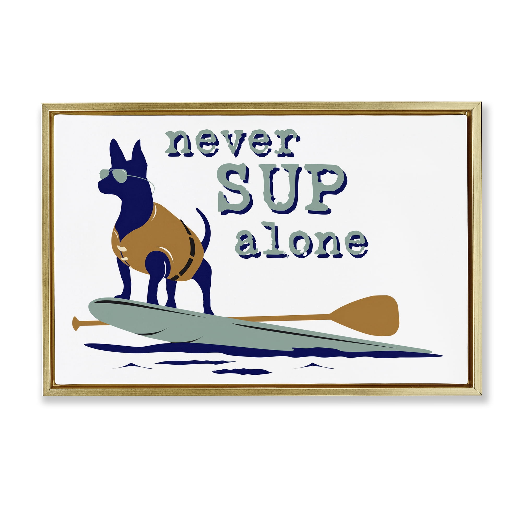 Stupell Industries Never Paddleboard Alone Dog Animals Painting Gold Floater Framed Canvas Art Print Wall Art, 25 x 17