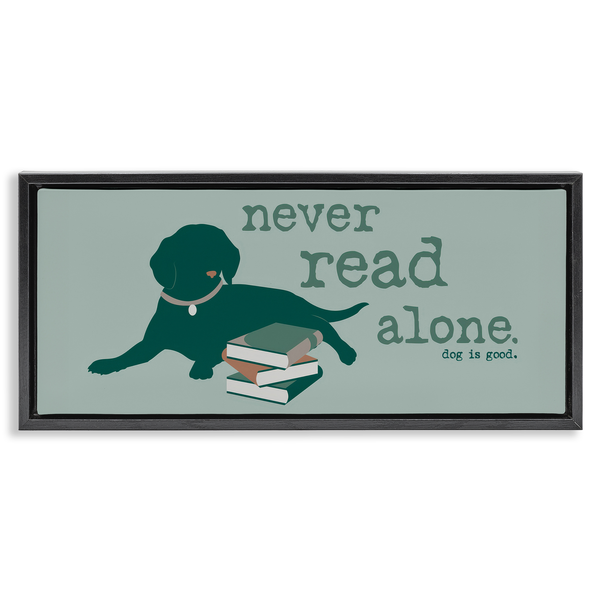 Stupell Industries Never Read Alone Dog Animals Painting Black Floater Framed Canvas Art Print Wall Art, 31 x 14