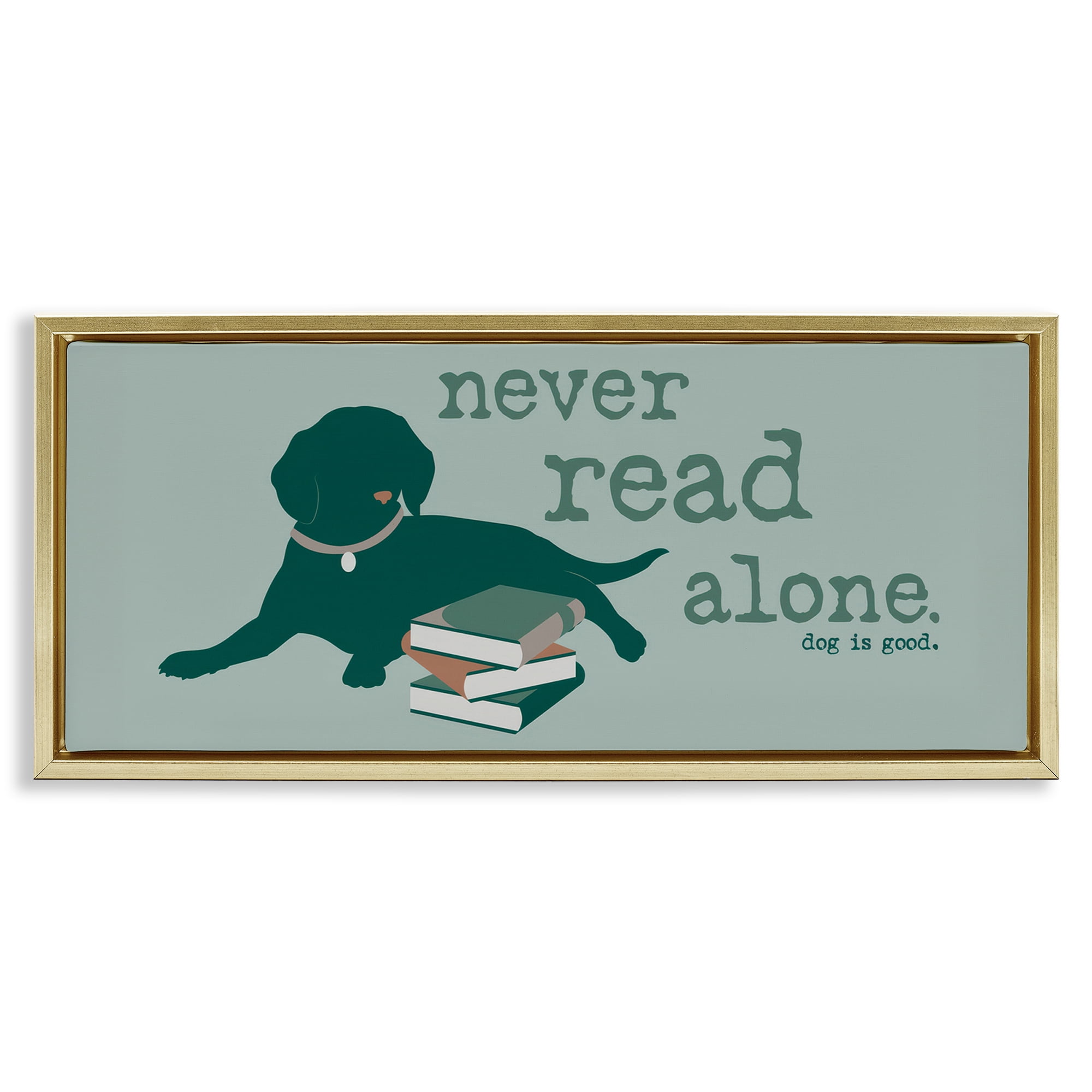Stupell Industries Never Read Alone Dog Animals Painting Gold Floater Framed Canvas Art Print Wall Art, 31 x 14