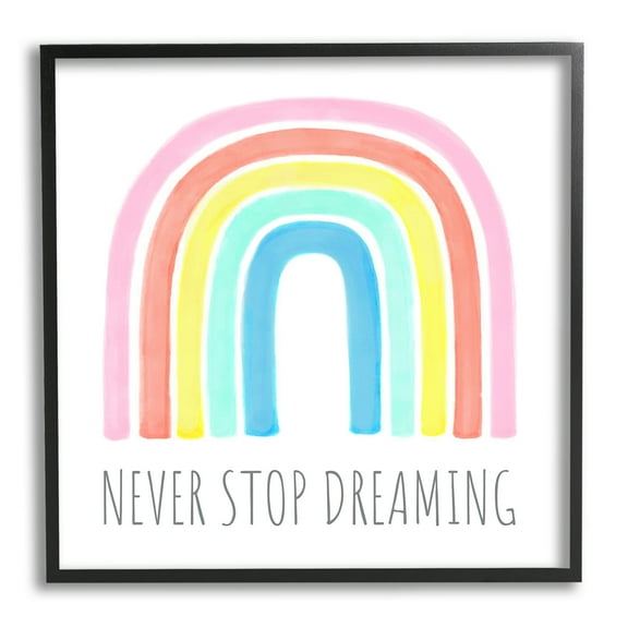 Stupell Industries Never Stop Dreaming Children's Phrase Vibrant Pastel Rainbow Graphic Art Black Framed Art Print Wall Art, 12x12, by Reesa Qualia