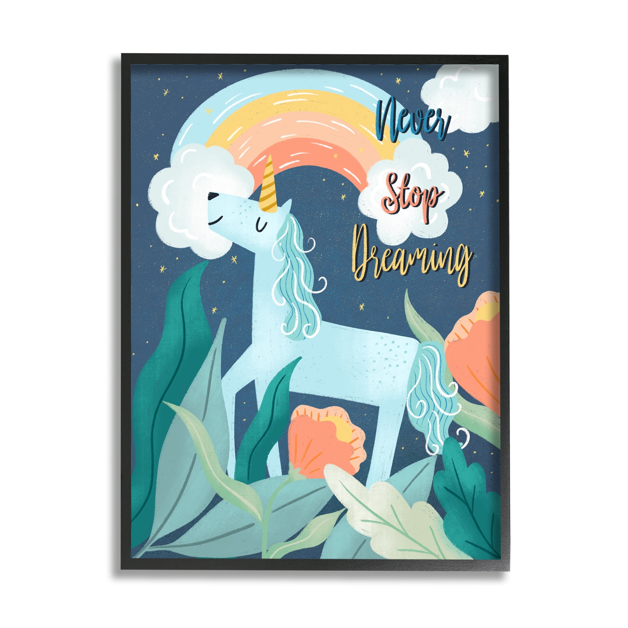 Stupell Industries Never Stop Dreaming Unicorn Fairy Tales & Fantasy Painting Black Framed Art Print Wall Art, 11 x 14