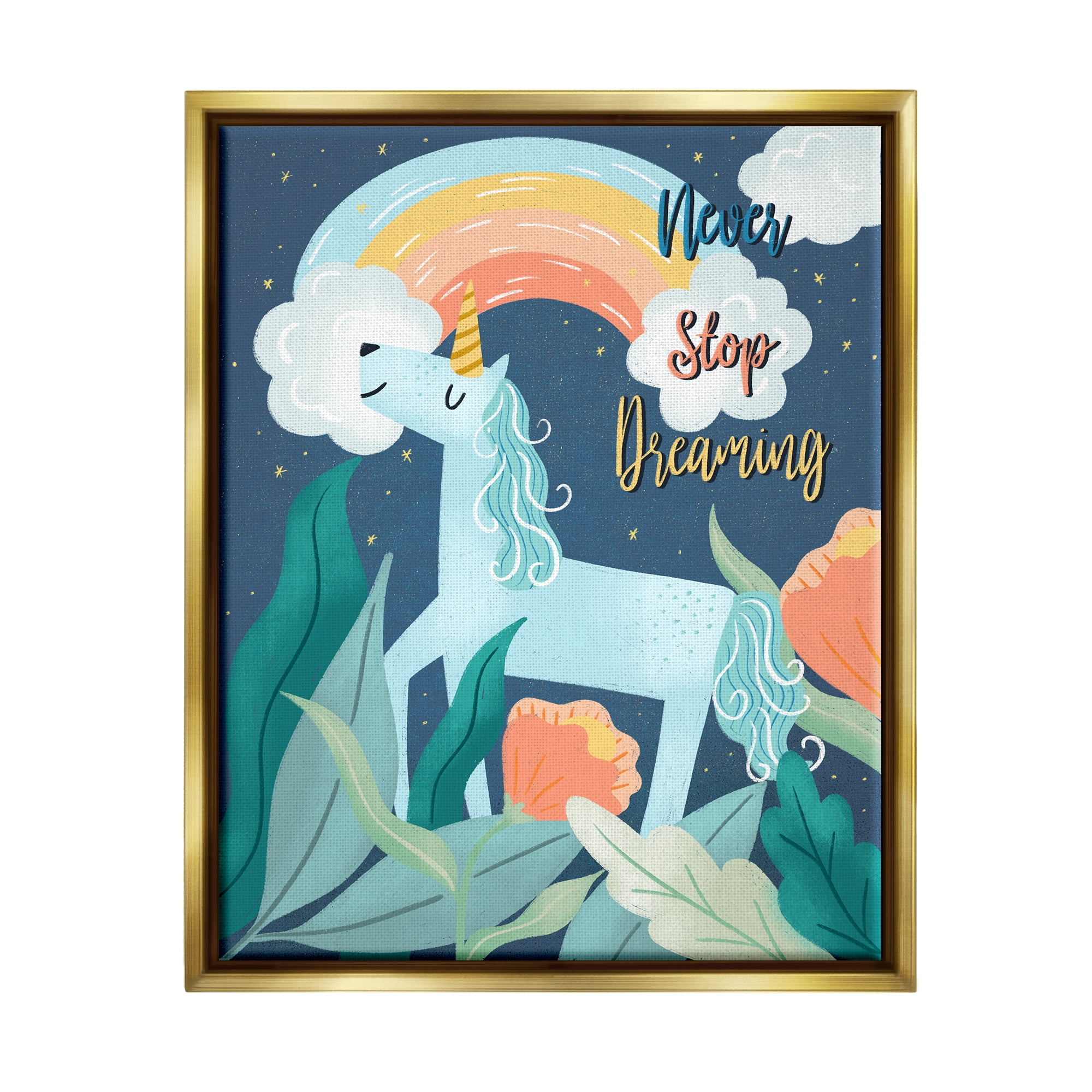 Stupell Industries Never Stop Dreaming Unicorn Fairy Tales & Fantasy Painting Gold Floater Framed Canvas Art Print Wall Art, 25 x 31