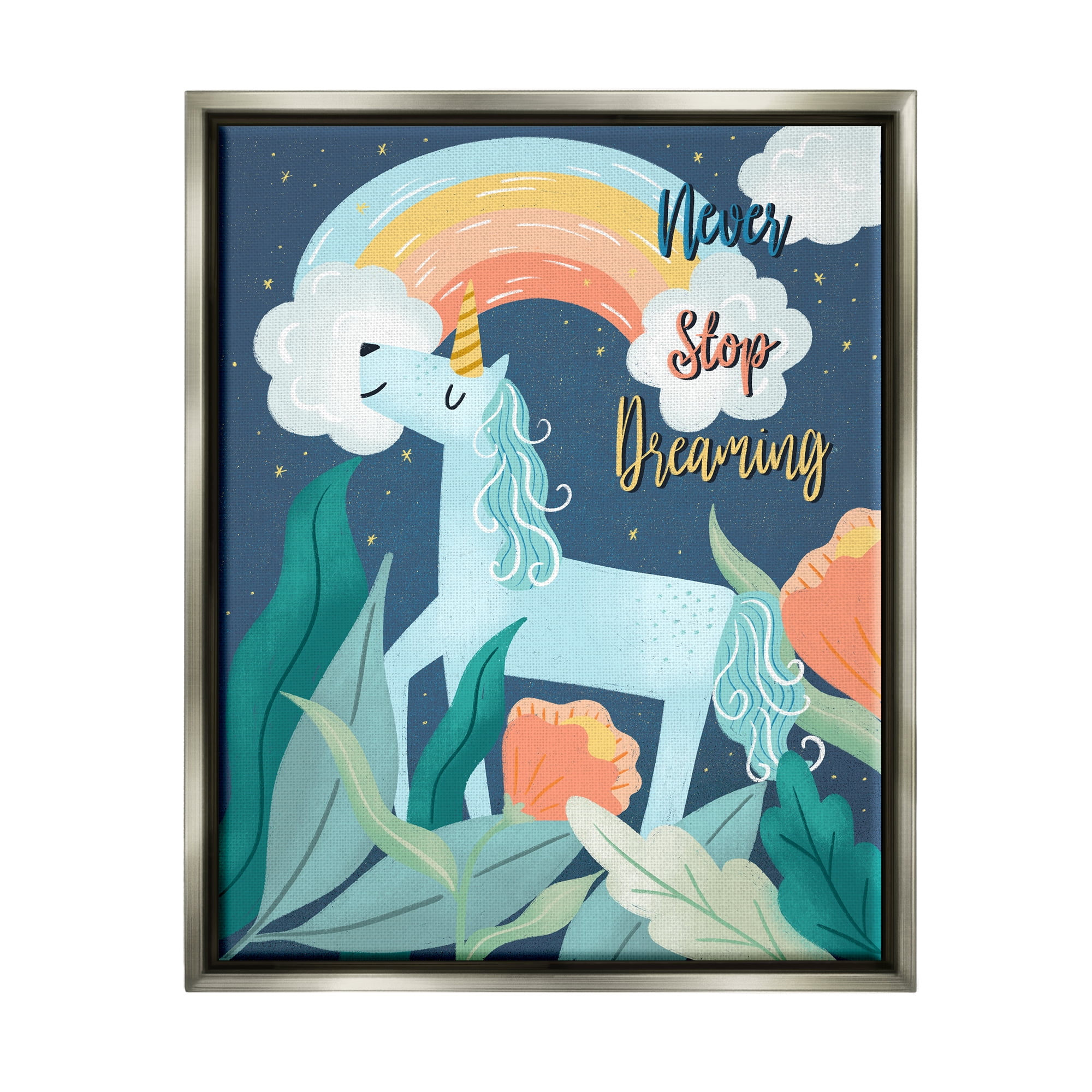 Stupell Industries Never Stop Dreaming Unicorn Fairy Tales & Fantasy Painting Gray Floater Framed Canvas Art Print Wall Art, 17 x 21