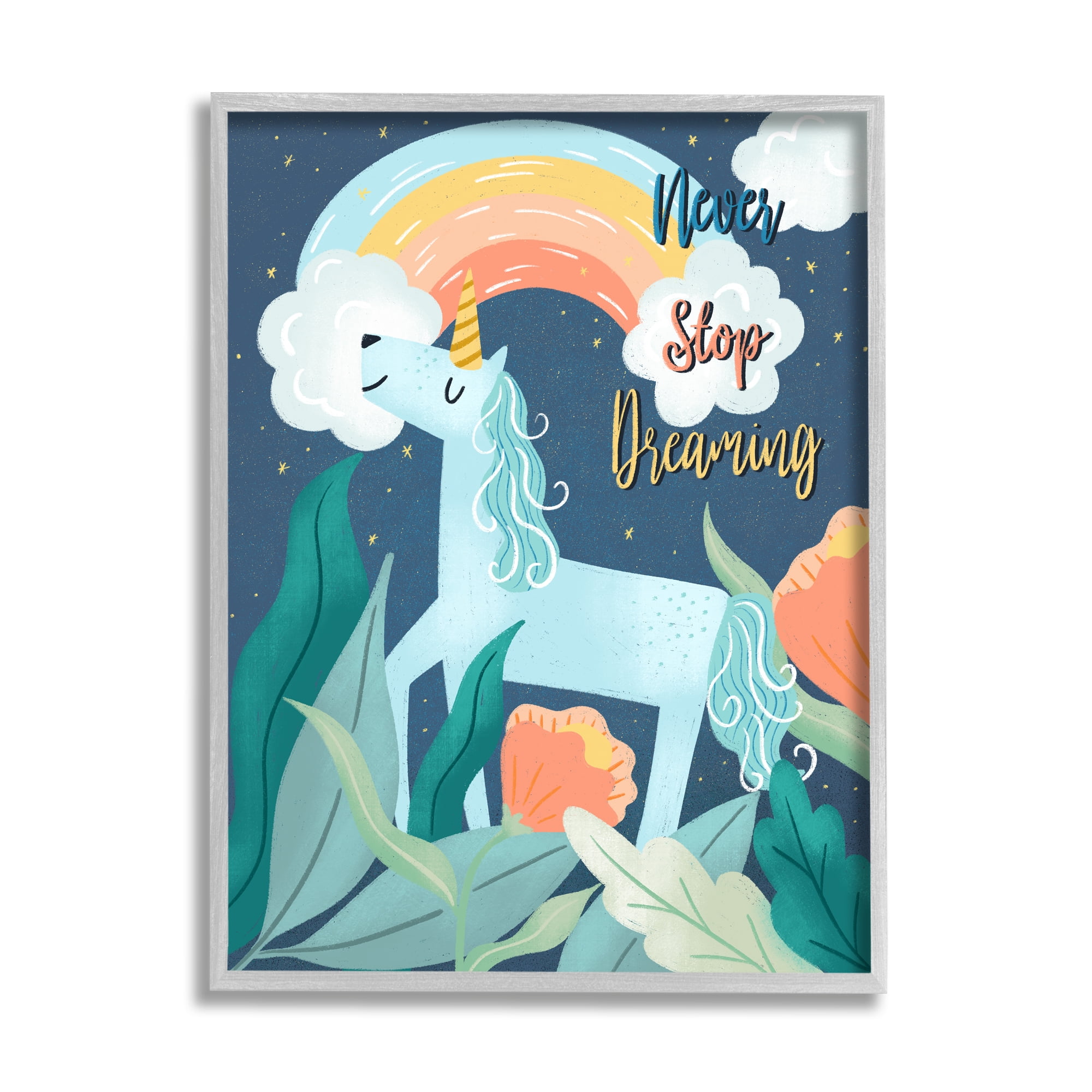 Stupell Industries Never Stop Dreaming Unicorn Fairy Tales & Fantasy Painting Gray Framed Art Print Wall Art, 11 x 14