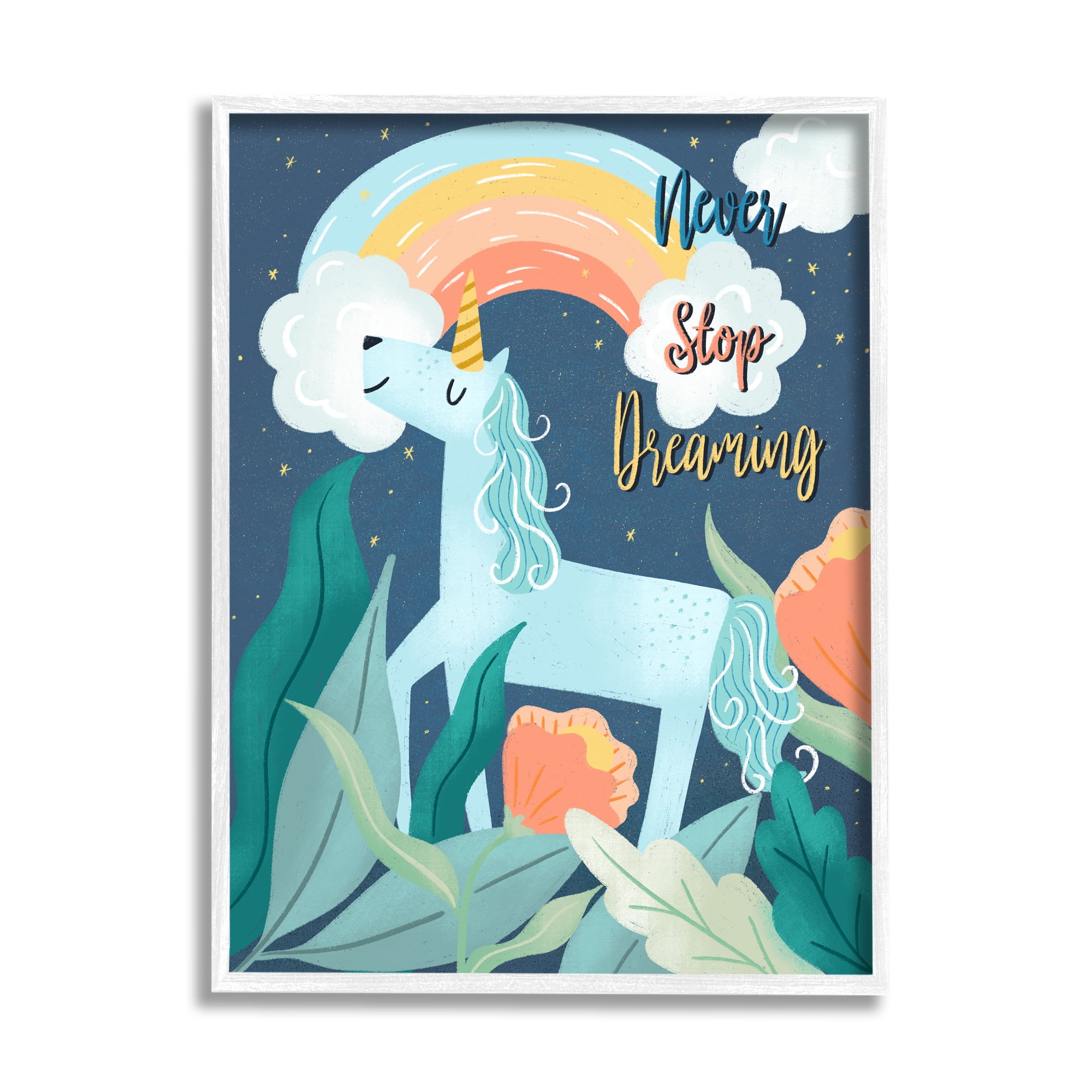 Stupell Industries Never Stop Dreaming Unicorn Fairy Tales & Fantasy Painting White Framed Art Print Wall Art, 24 x 30