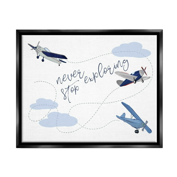 Stupell Industries Never Stop Exploring Airplanes Jet Black Framed Floating Canvas Wall Art, 16x20, by Sweet Pea Studio