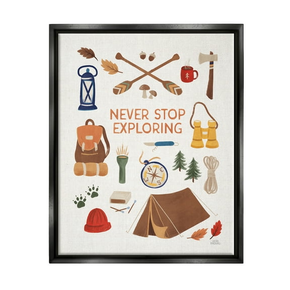 Stupell Industries Never Stop Exploring Phrase Typography Painting Black Floater Framed Art Print Wall Art, 17 x 21