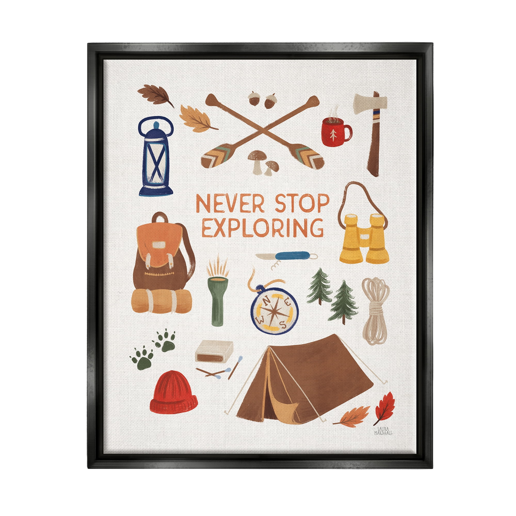 Stupell Industries Never Stop Exploring Phrase Typography Painting Black Floater Framed Art Print Wall Art, 25 x 31