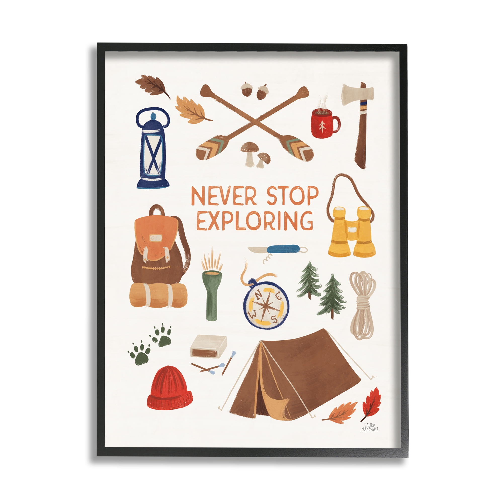 Stupell Industries Never Stop Exploring Phrase Typography Painting Black Framed Art Print Wall Art, 16 x 20