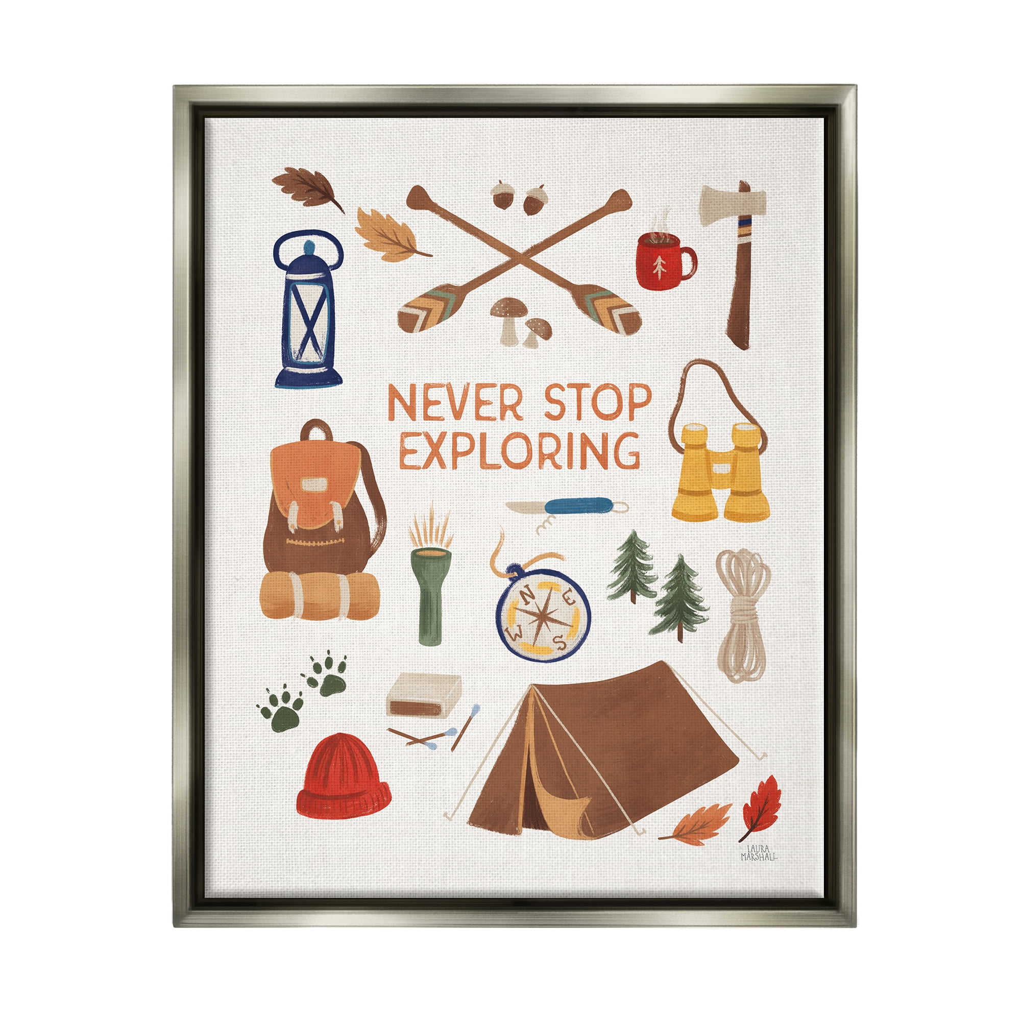 Stupell Industries Never Stop Exploring Phrase Typography Painting Gray Floater Framed Art Print Wall Art, 17 x 21
