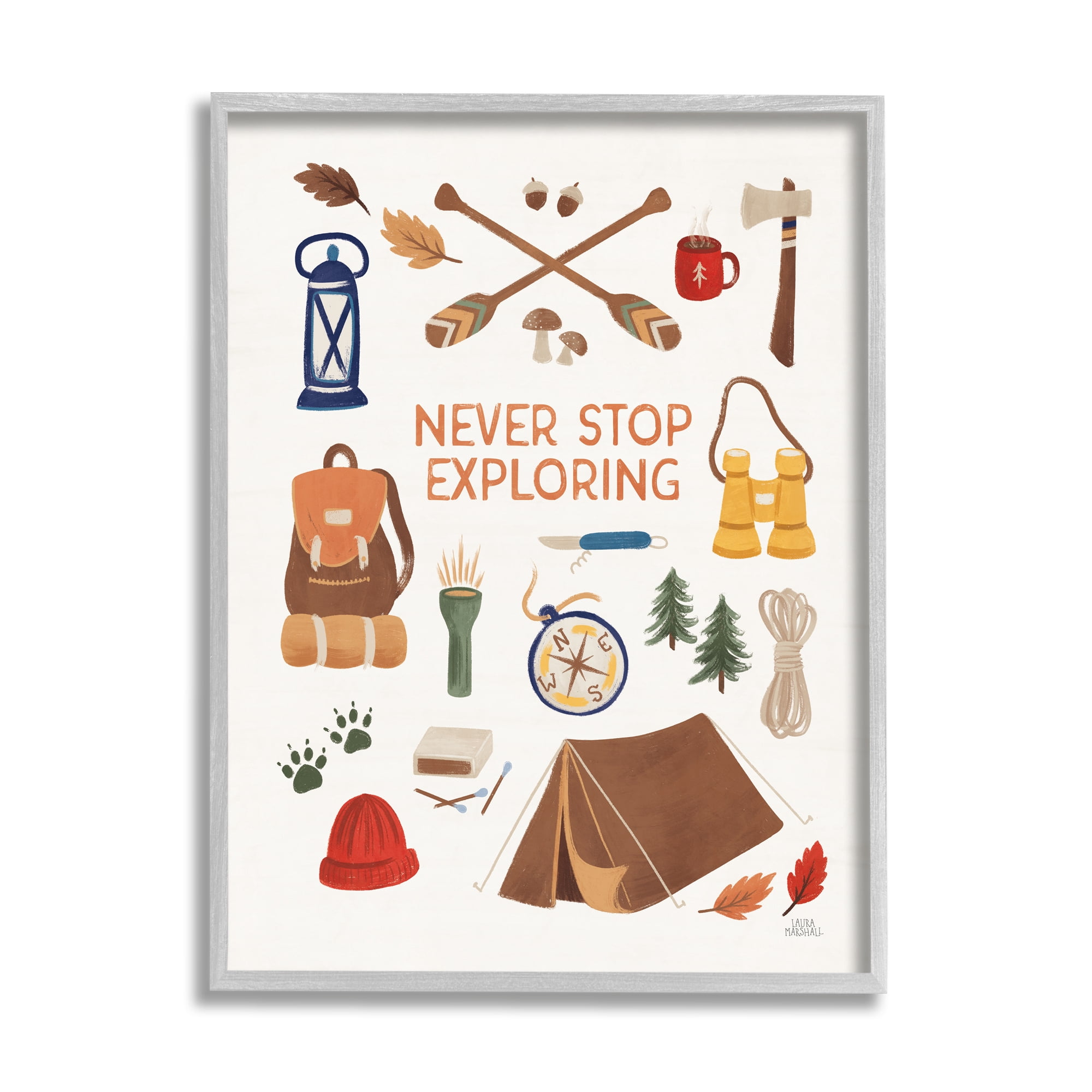 Stupell Industries Never Stop Exploring Phrase Typography Painting Gray Framed Art Print Wall Art, 24 x 30
