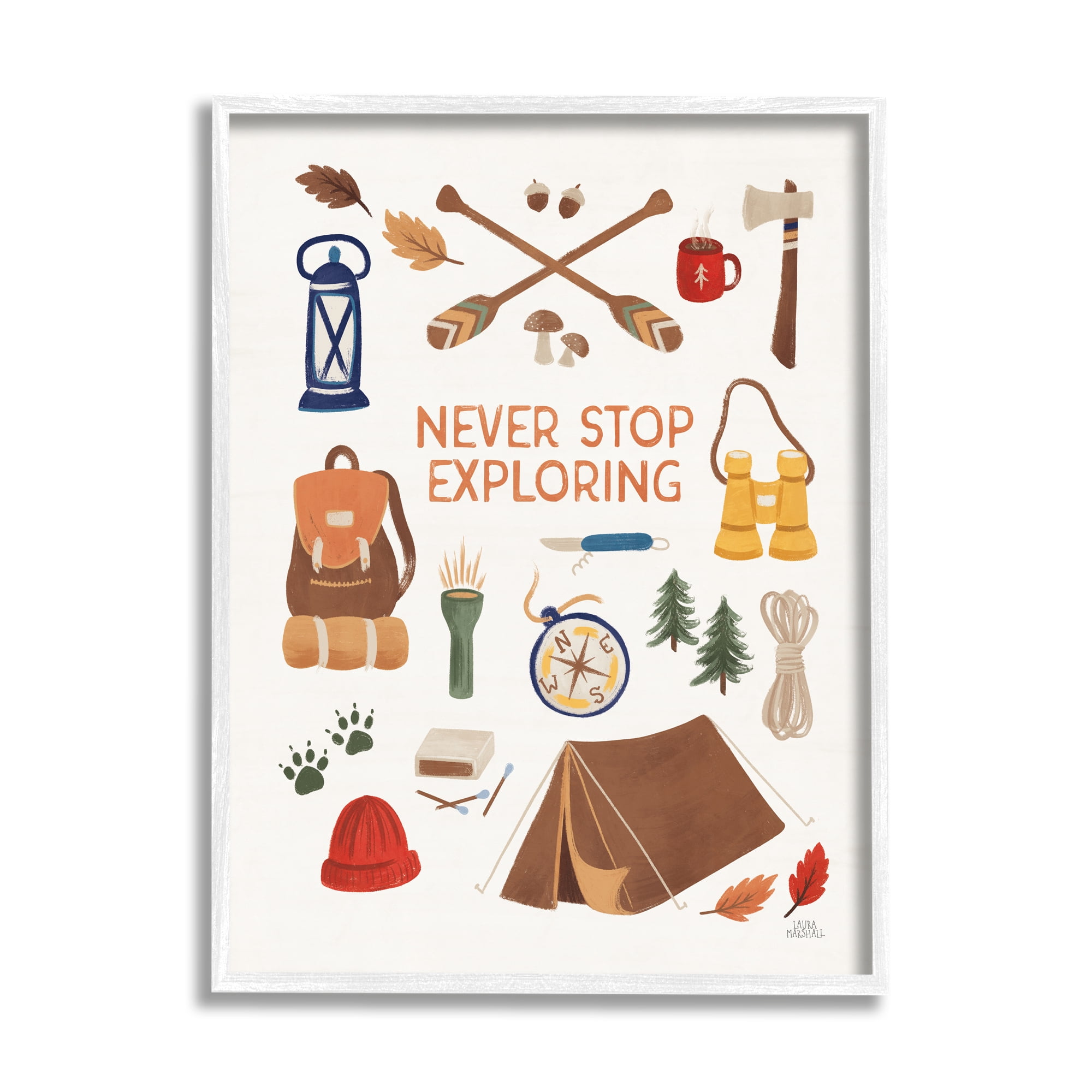 Stupell Industries Never Stop Exploring Phrase Typography Painting White Framed Art Print Wall Art, 11 x 14